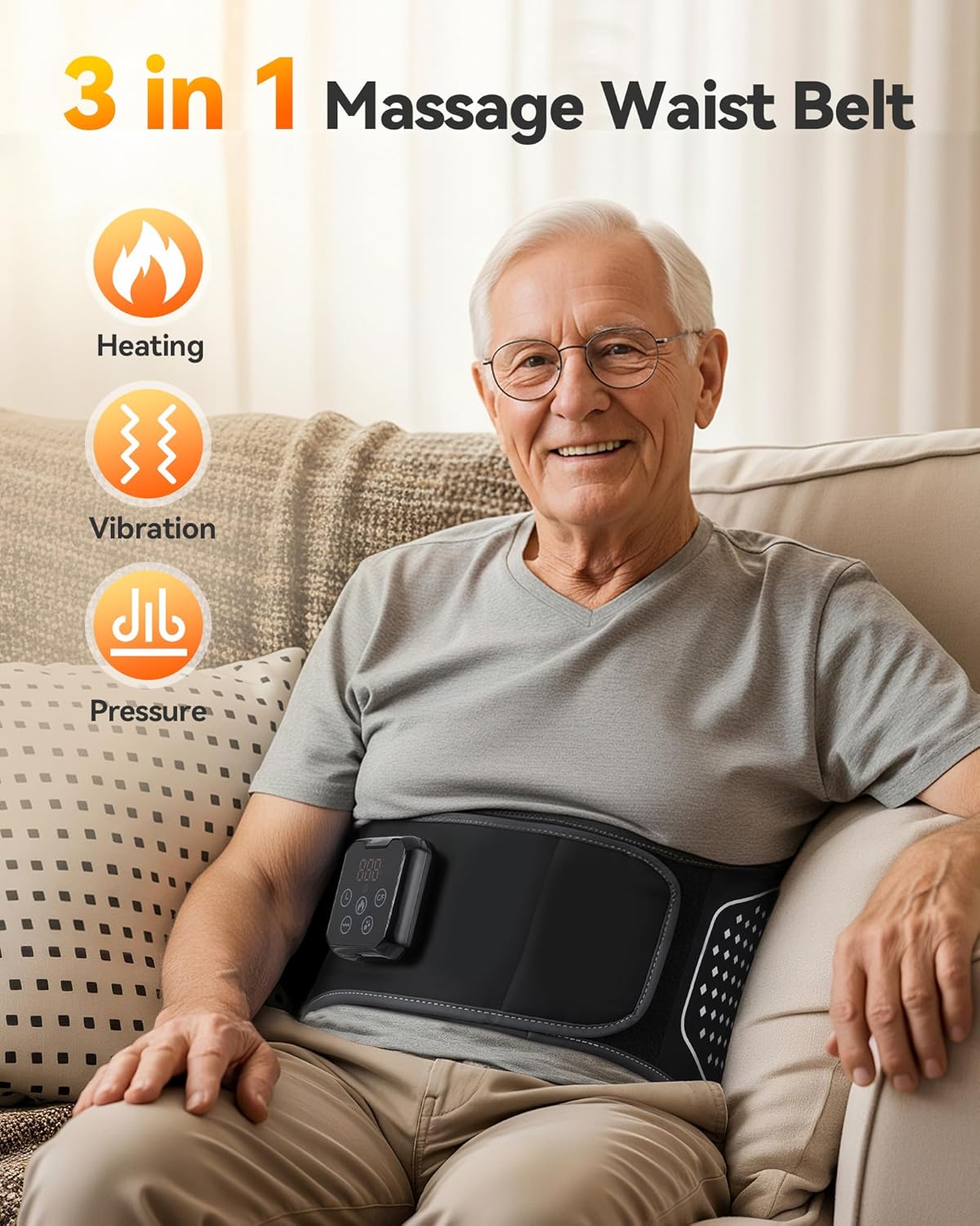 Cordless Heating Pad with Massager for Lower Back Pain Relief, Heated Waist Belt Wrap, Back Brace Lumbar Support with Heat Vibration 3 Levels Adjustable, Touchscreen, Gifts for Dad, Mom