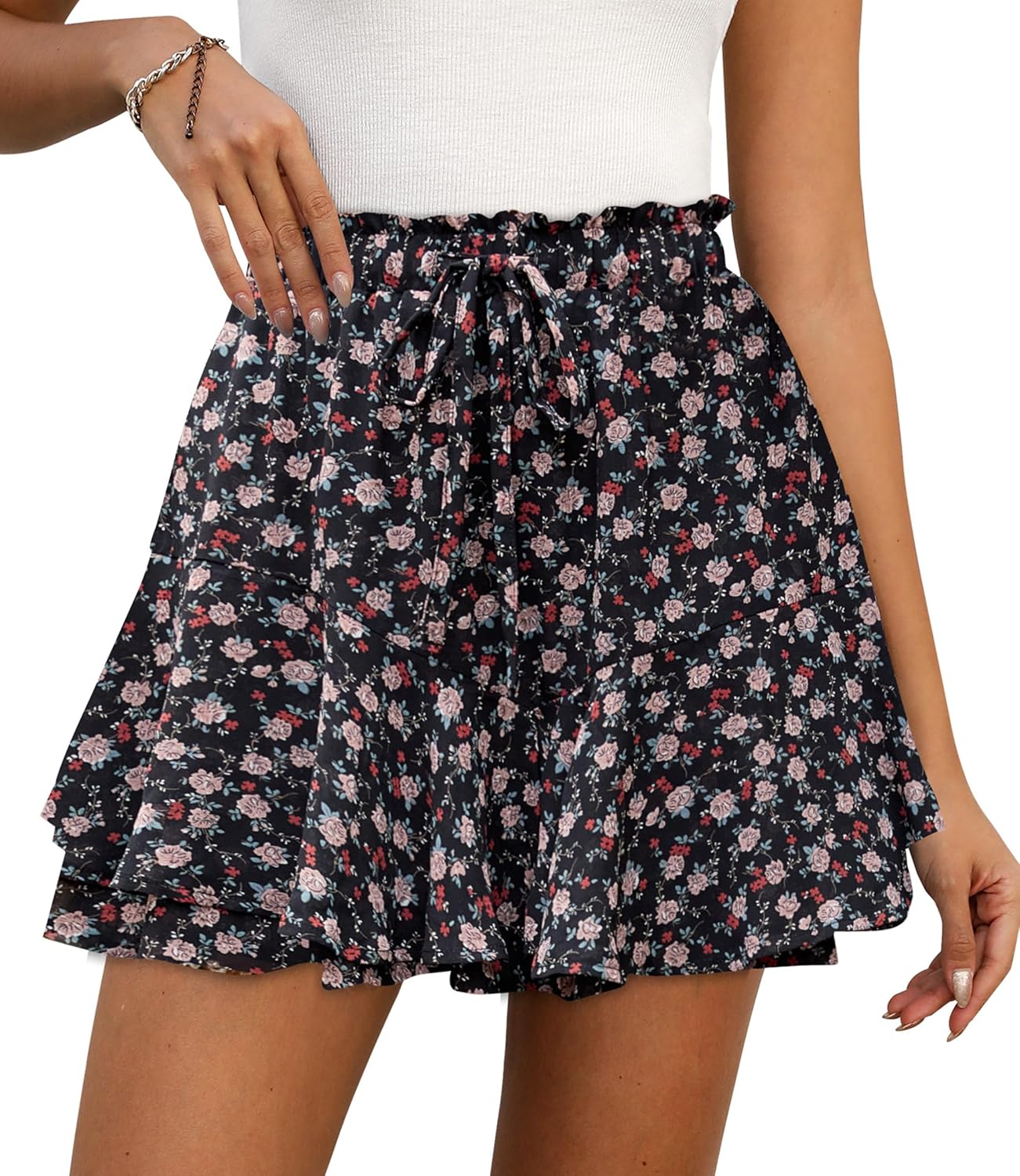 LOMMOJ Shorts for Women Summer Casual Ruffle Chiffon Skorts Boho Mini Skirts