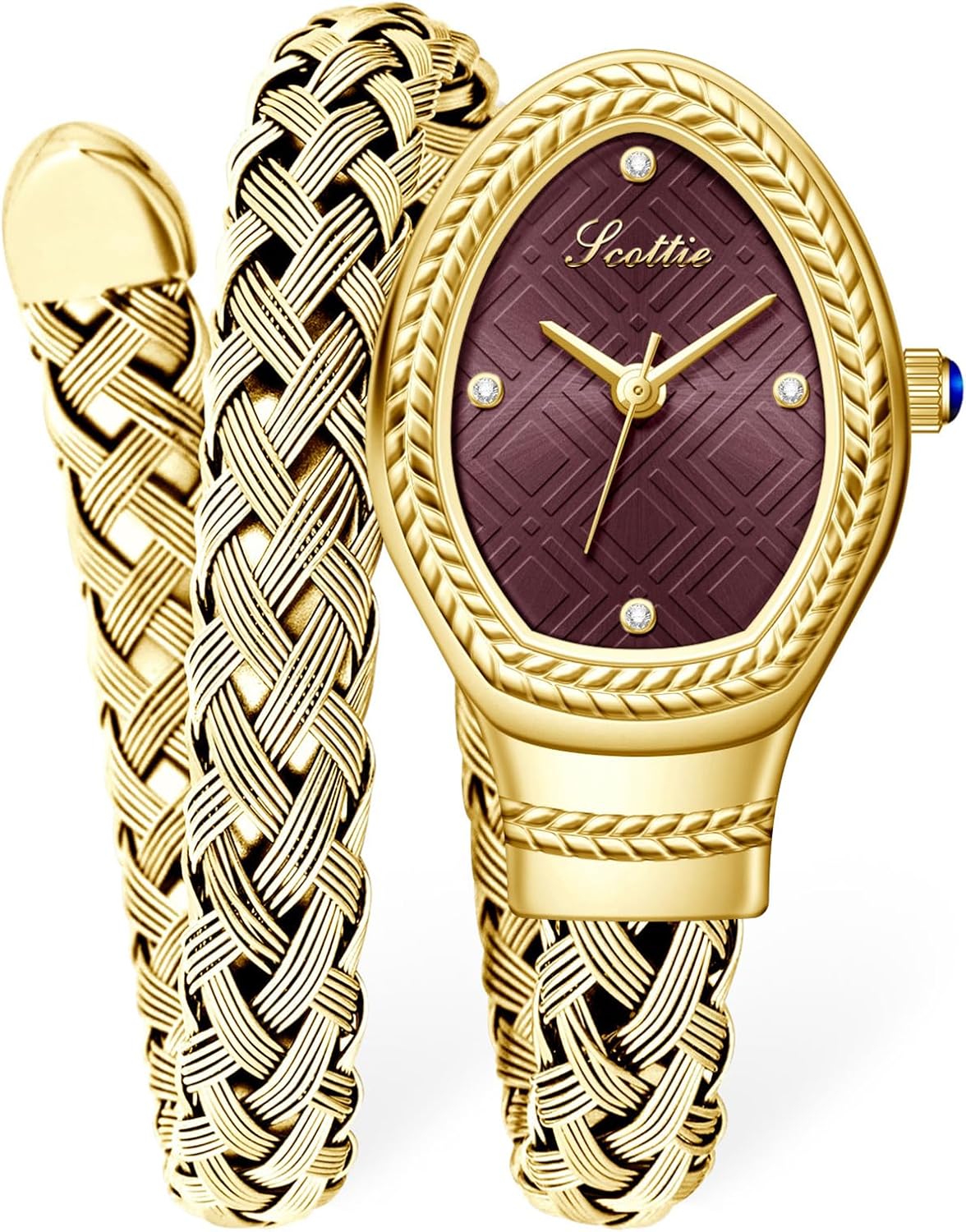 PASOY Fashion Women’s Wrap Bracelet Snake Watch Teardrop Oval Dial, Braided Double-Wrap Bangle, Quartz Analog with Crystal Markers Waterproof Elegant Dress Wristwatch