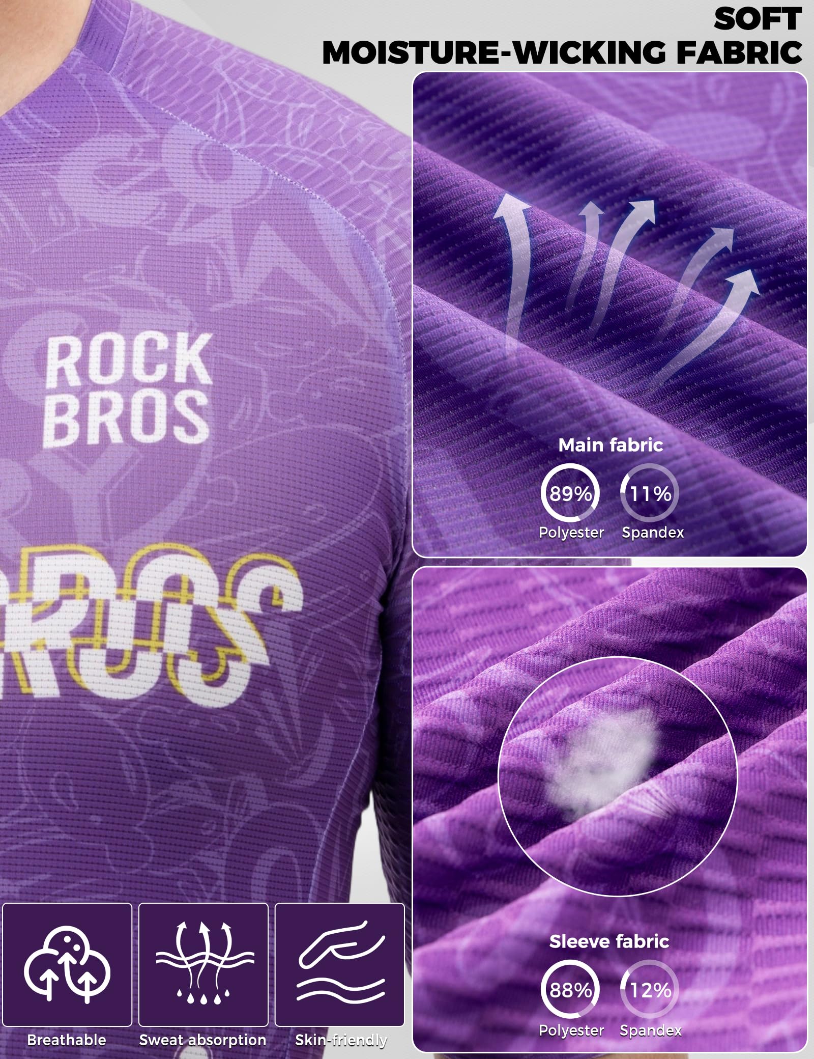 ROCKBROS Maillot Vélo Homme Manches Courtes, Maillot de Cyclisme avec Fermeture Zippée et 3 Poches Arrière, pour Été Route, VTT et Activités Outdoor S-XL
