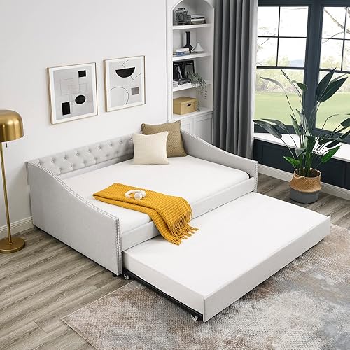 Miniatura 6 de Sofá cama matrimonial con nido, marco de cama moderno de madera con botón copetudo y cabeza de clavos, sofá cama tapizado con nido extraíble para