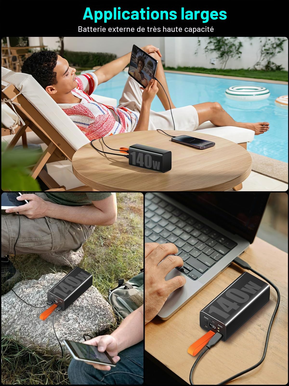 Batterie Externe 140W 70000mAh Power Bank USB C Charge Rapide avec 5 Ports pour 5 Appareils Simultanés, Écran Numérique, Batterie Externe Grande Capacité Idéal pour Voyage, Bureau