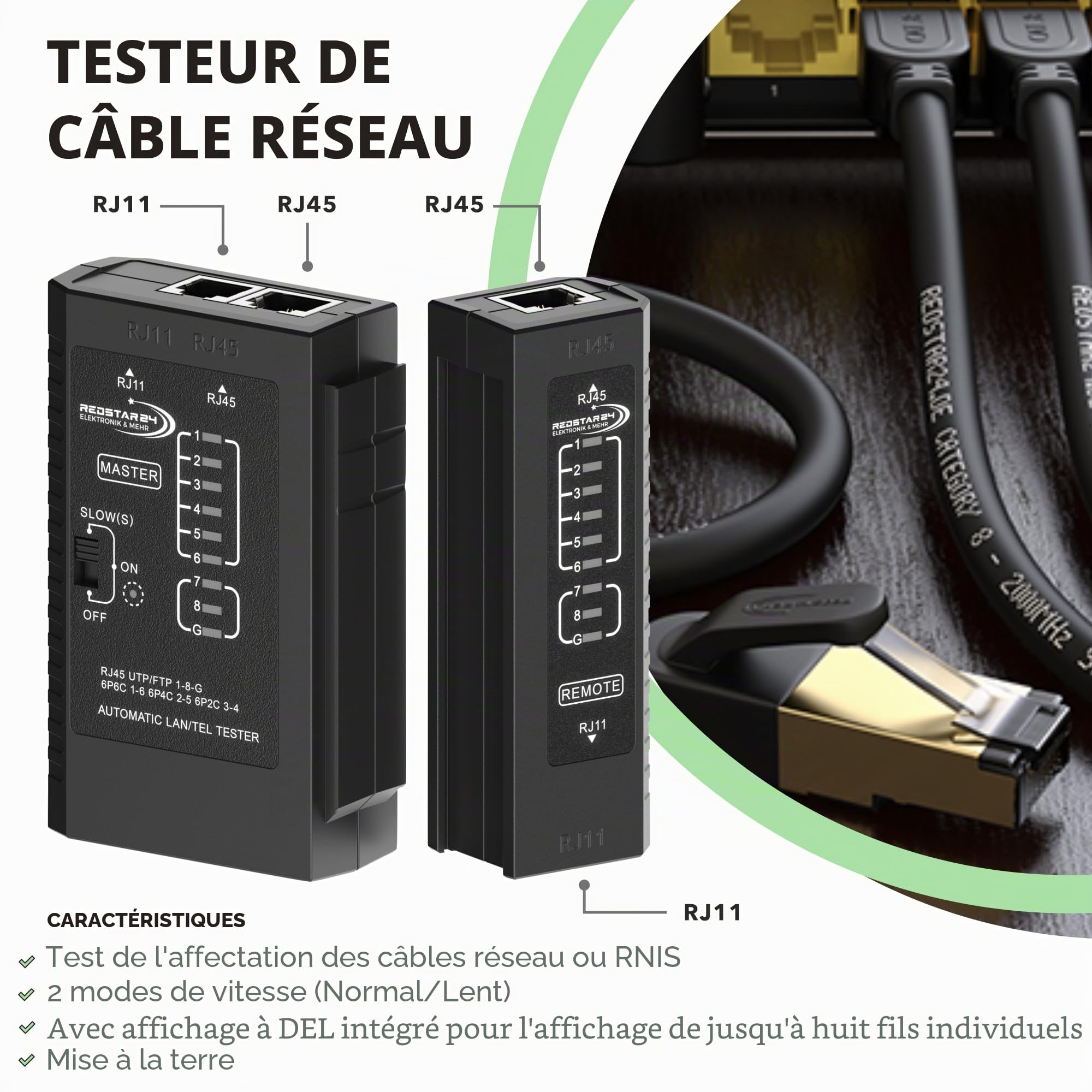 RedStar24 Kit Testeur de Câble RJ45 Pince Sertir Fiche Pass Through CAT7 Outil de Réparation Ethernet LAN 10 pièces