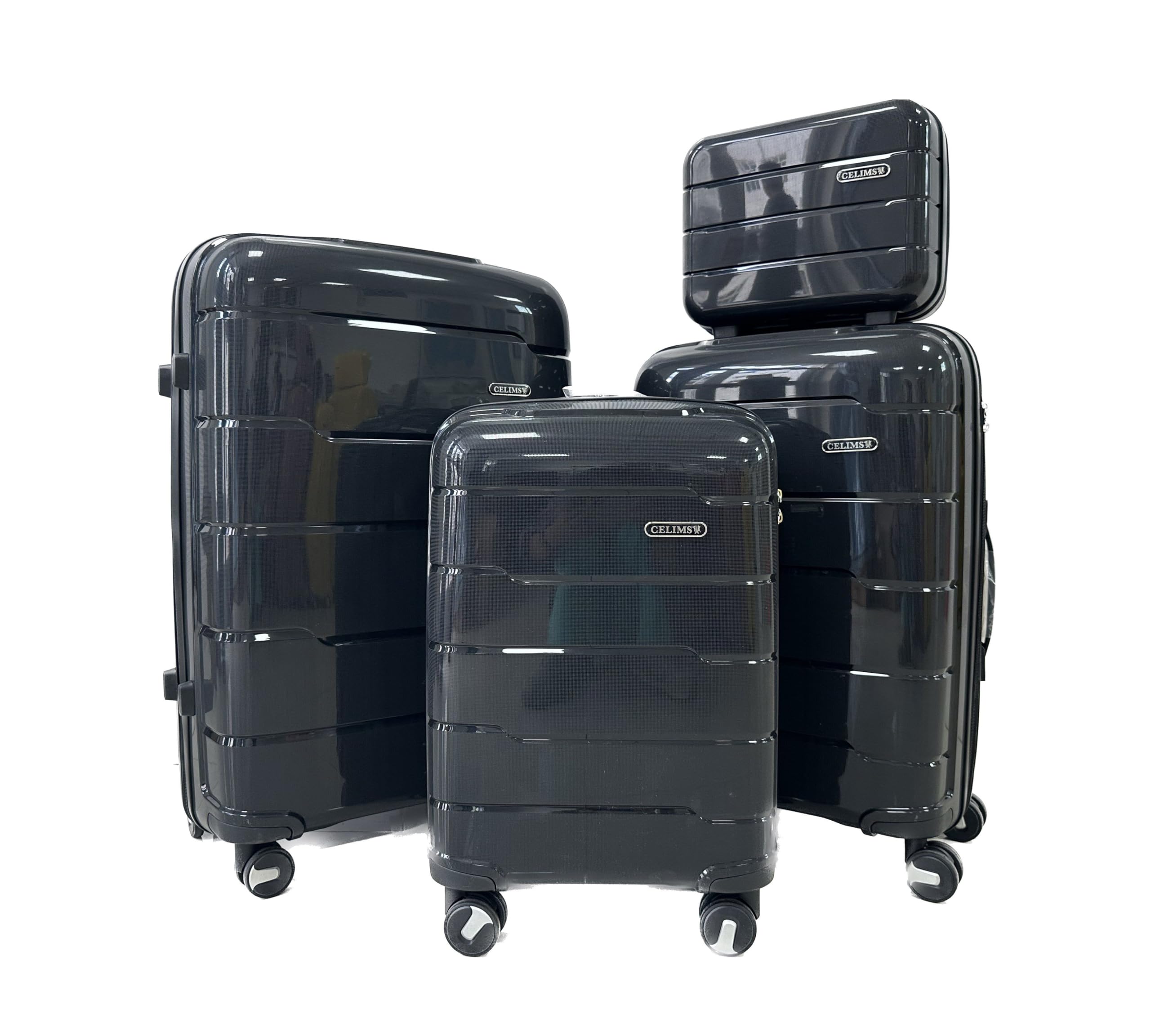 CELIMS - Set Valigie in Polipropilene Nero 4 pezzi | Valigia Cabina + Valigia Media + Valigia Grande Dimensione + Vanity | Eleganza e Funzionalità