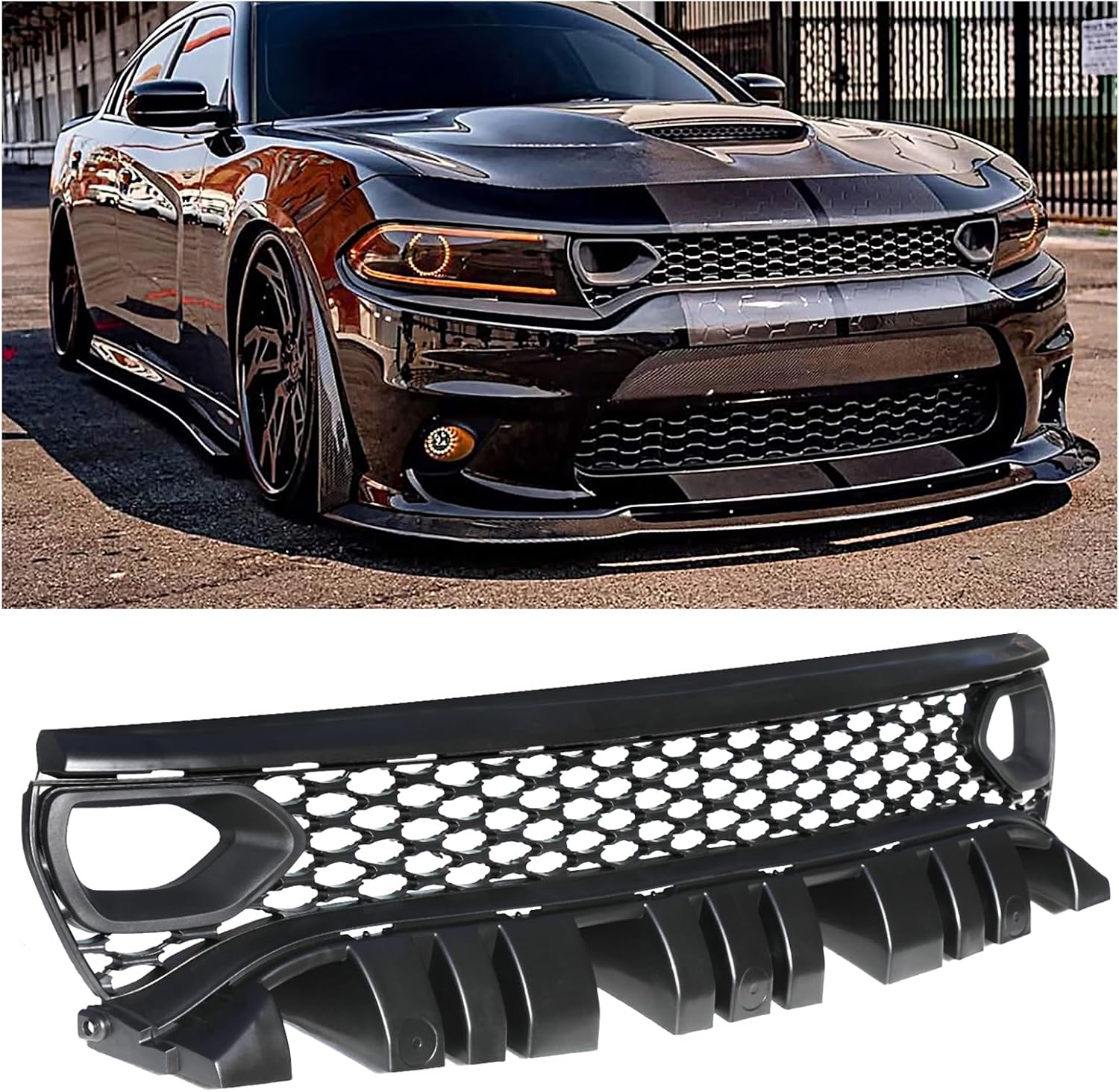 Front Bumper Grille Compatible With 2015-2024 Dodge Charger SRT Scat Pack Non-Widebody Front Upper Grille Black