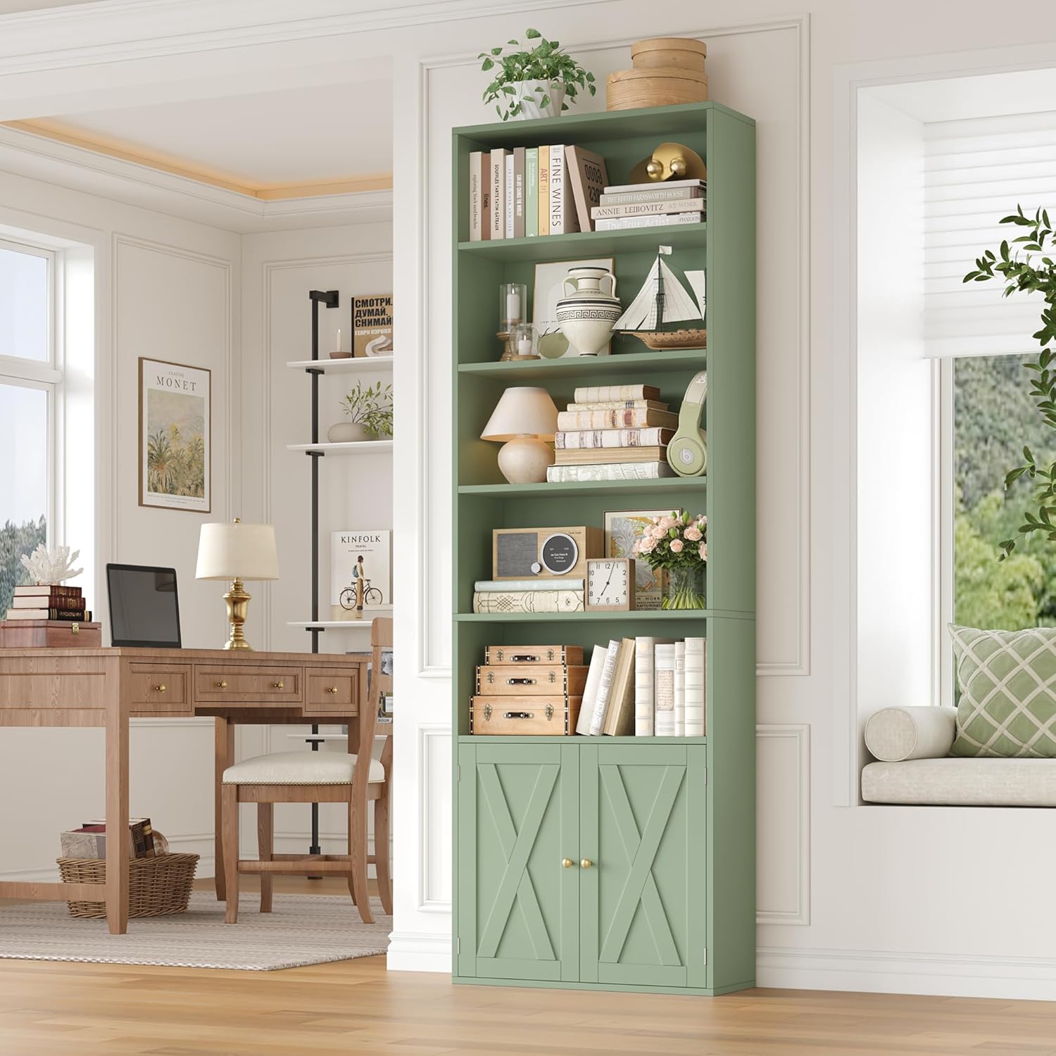 FACBOTALL 82" Tall Bookcase and Book Shelf, 24" Wide Bookshelf with Doors, 7 Tier Bookcase with Storage and Adjustable Shelf, Open and Display Farmhouse Bookshelf for Living Room, Home Office, Green