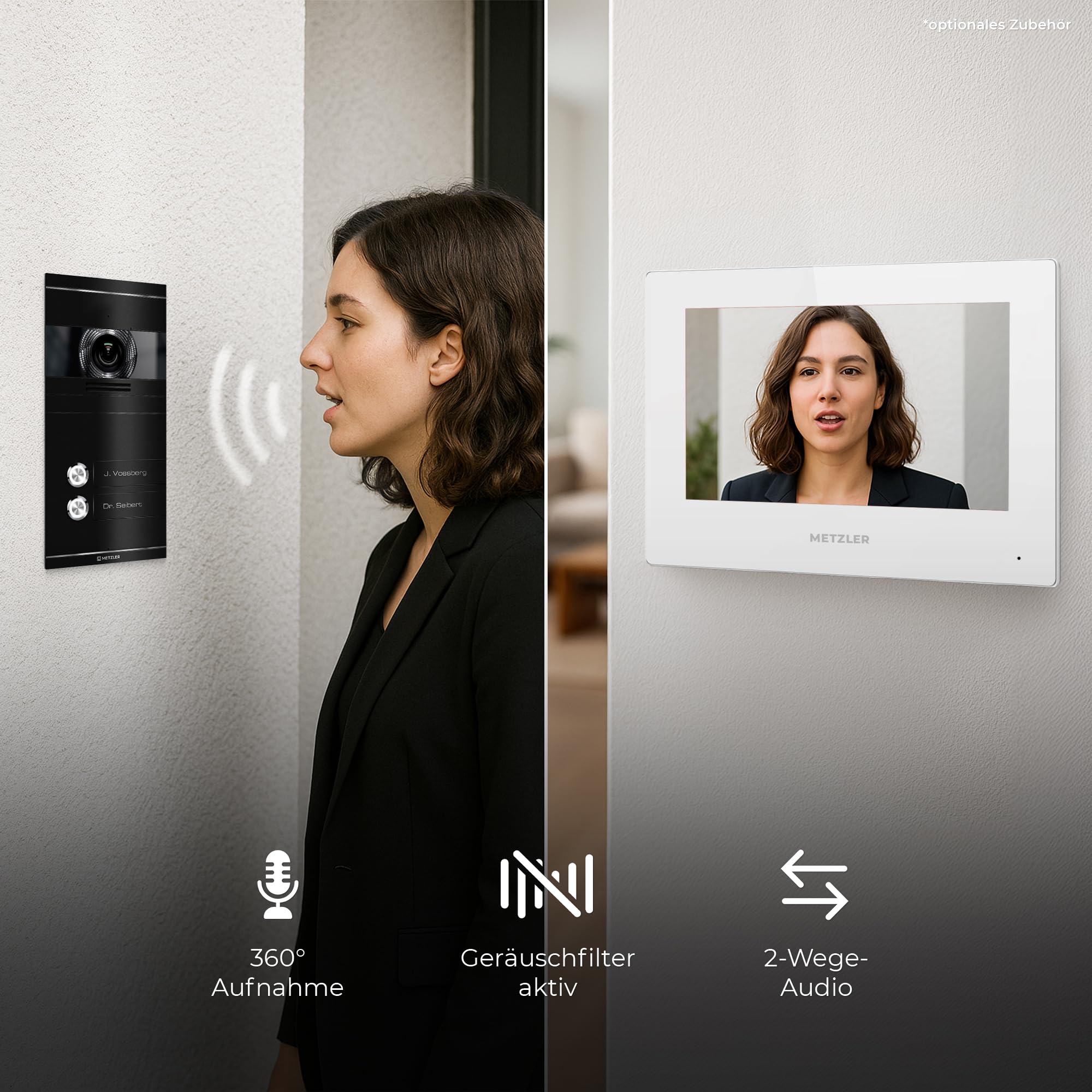 Metzler VDM10 2.0 Videocitofono a 2 fili IP – Set completo – 2 campanelli casa familiare in RAL9005 nero profondo con apriporta, fotocamera HD, app per smartphone, 2 stazioni interne 7 pollici touch