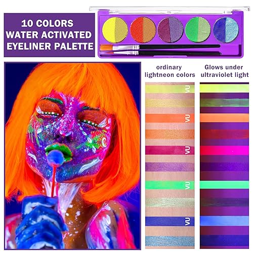 Miniatura 2 de 10 colores de pintura facial neón que brilla en la oscuridad, maquillaje activado por agua, paleta de delineador de ojos con luz negra, pintura