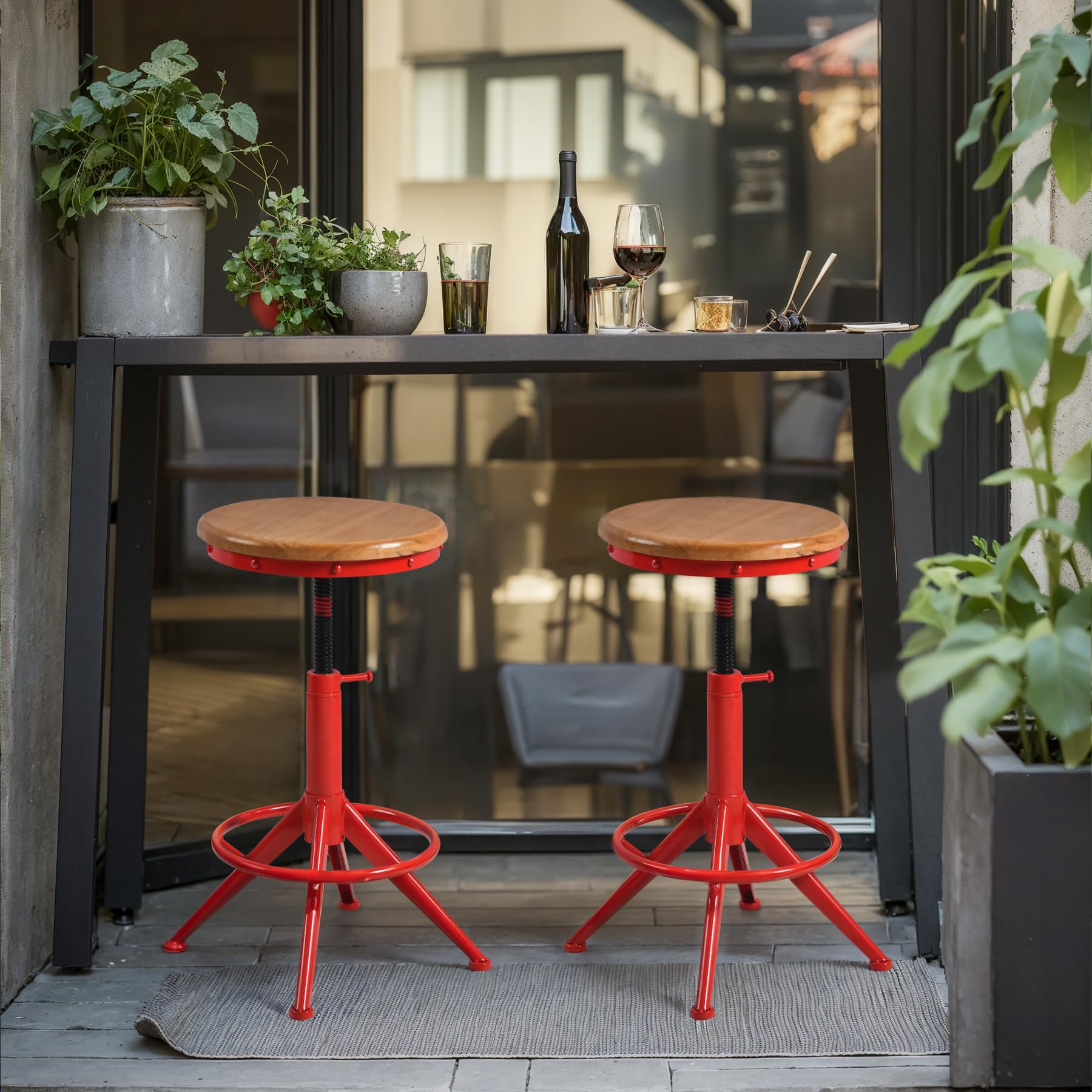 BOKKOLIK Set of 2 Industrial Bar Stool-17.7-21.6inch Height Adjustable Counter Stools-Urban Dinner Chair with Swivel Wooden Seat-Vintage Cafe Chairs