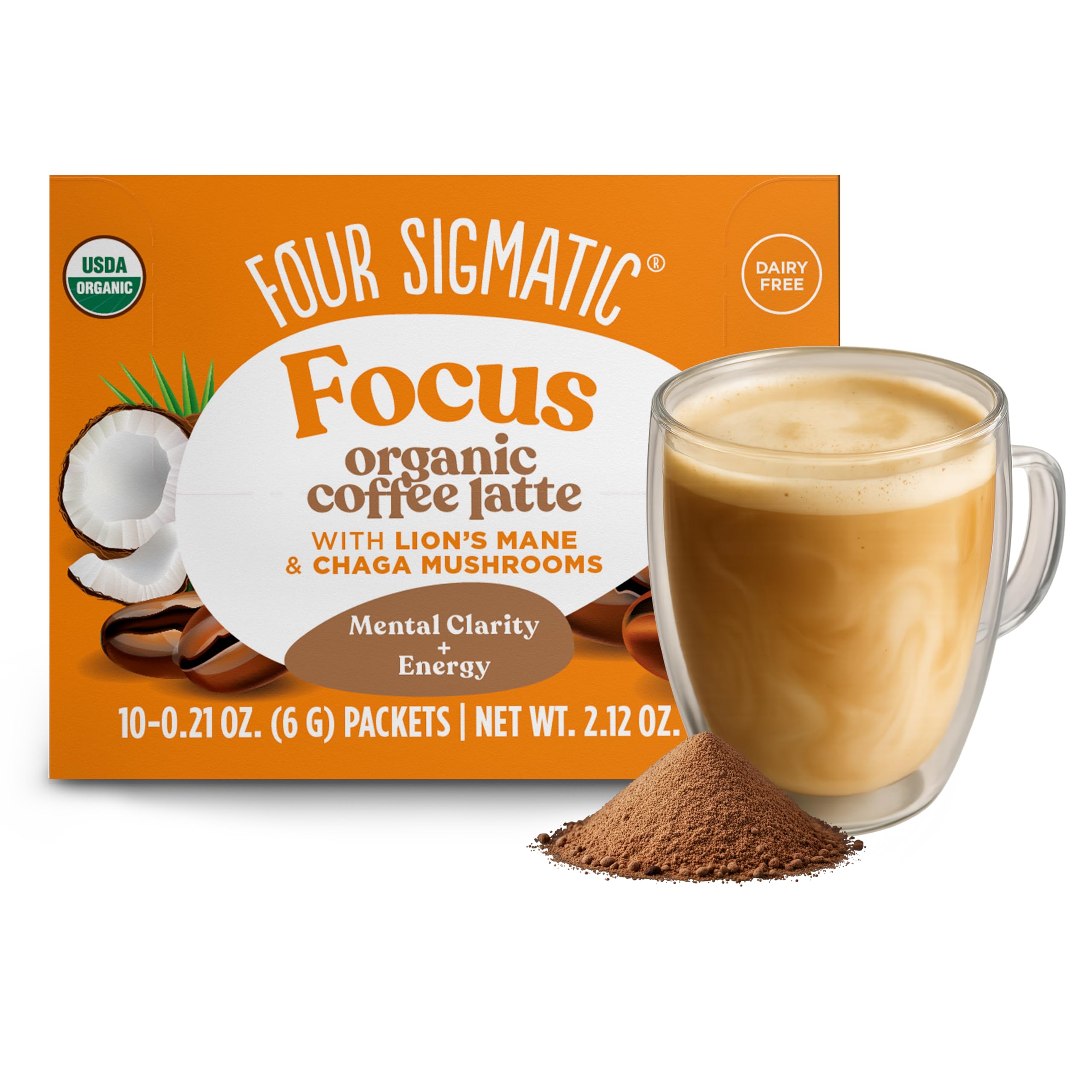 Four Sigmatic Organic Instant Milk Coffee Mix With Lion's Mane, Chaga Mushrooms & Coconut Milk Powder | Keto, Dairy Free, Dark Roast, Instant, Latte