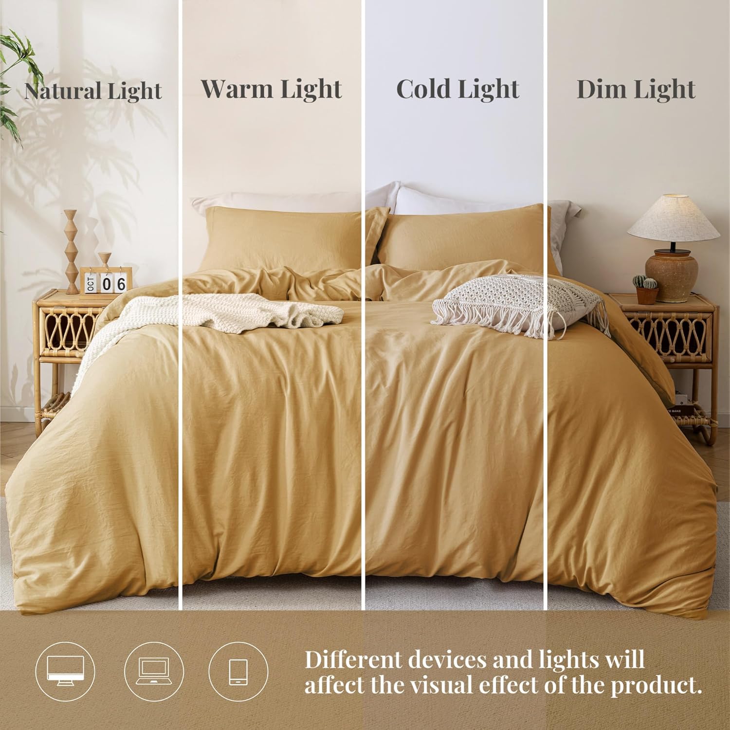 MILDLY Super Soft Duvet Cover - 100% Washed Microfiber Warm Mustard Yellow Comforter Cover Set 3 Pieces with Zipper Closure & Corner Ties (No Comforter) - Image 4