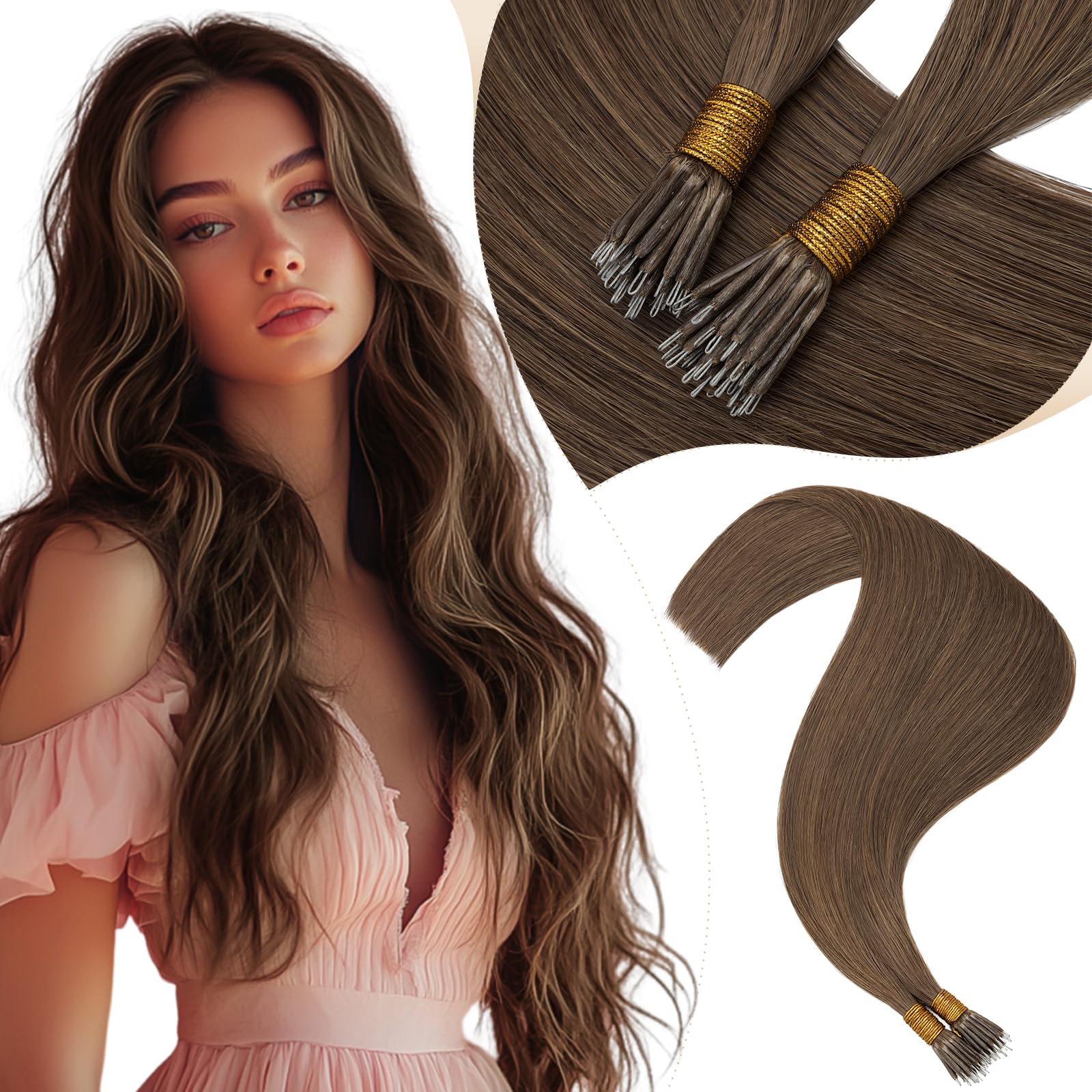 Elailite Nano Ring Extension Real Human Hair Cold Fusion With Nano Beads Remy Hair 50 Strands 50g Straight (#4 Medium Brown, 14 Inch)