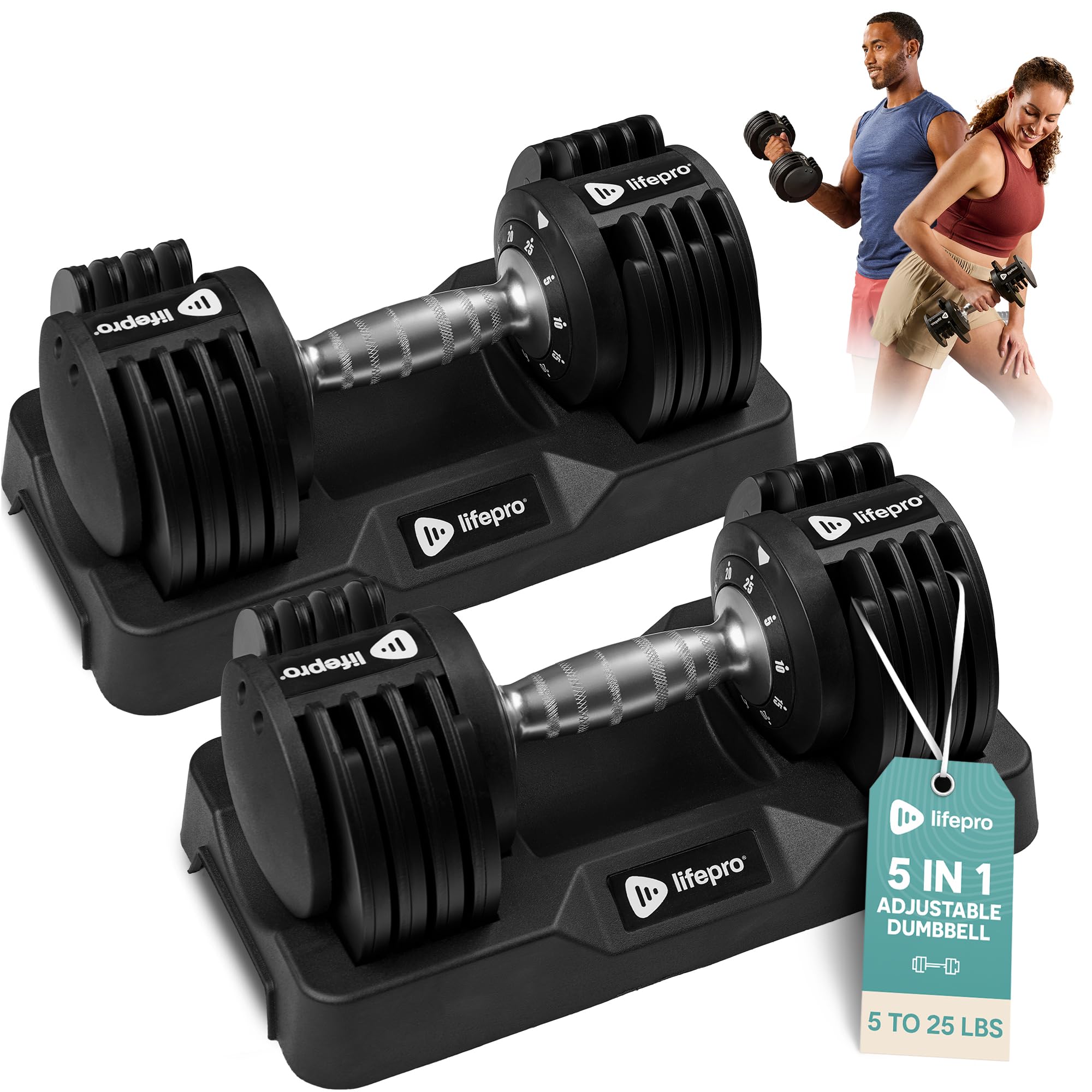 Lifepro Adjustable Dumbbells Set - 5in1-15lb 25lb 43lb 55lb weights Set & Single with Rack - Quick Adjust, Secure Grip - Compact Hand Weights for Men Women Home Gym