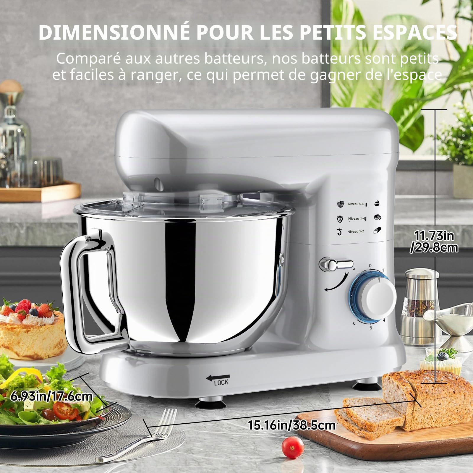 Robot Patissier, 2000W Robot Cuisine Multifonctions 6,5L Faible Bruit | Robot Pétrin Professionnel avec Crochet Pétrisseur, Batteur, Fouet à Fil, Couvercle, 6+P Vitesses