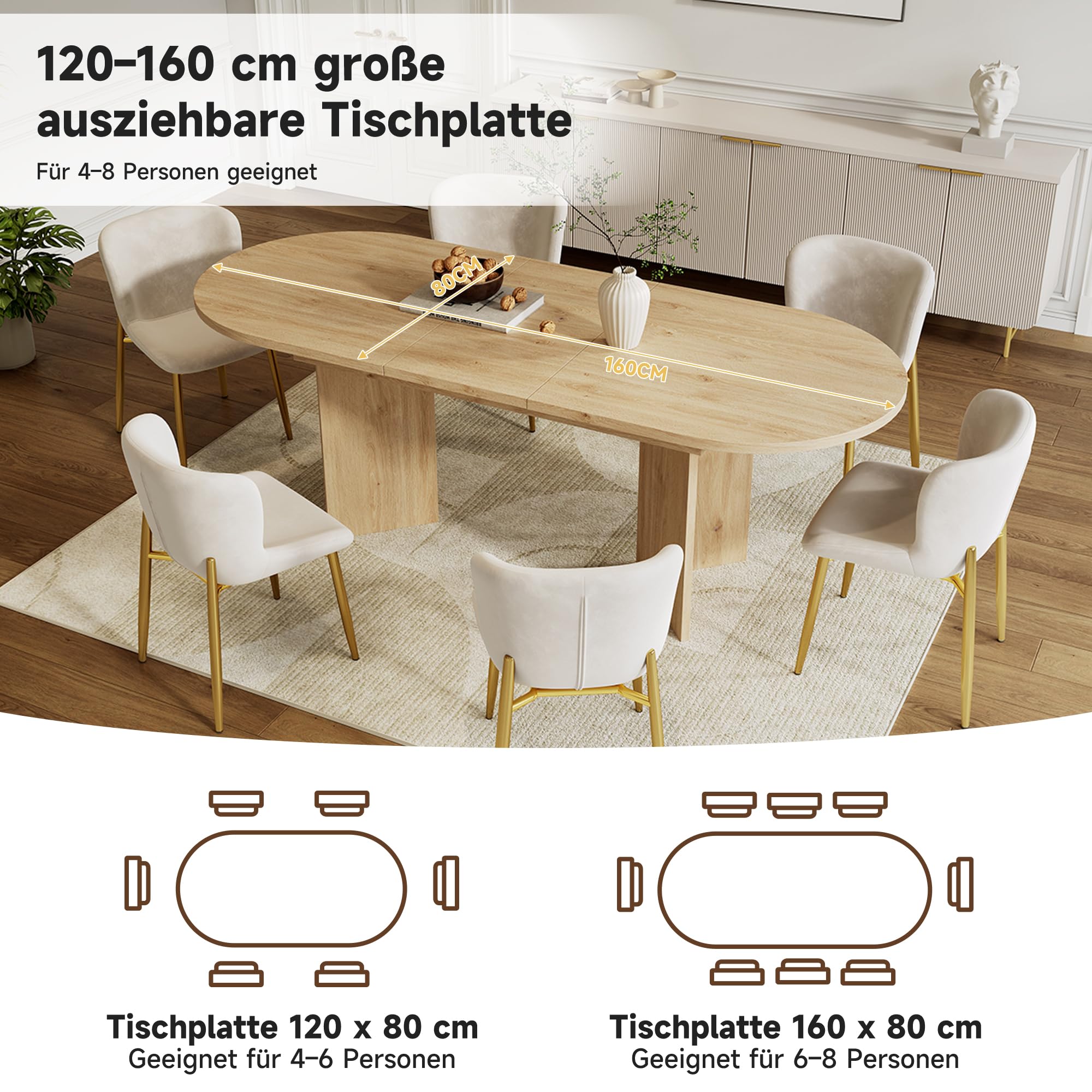 Tavolo da pranzo estensibile, ovale, per 4 fino a 8 persone, tavolo da pranzo ovale con angoli arrotondati, piano del tavolo rinforzato, tavolo da pranzo per cucina, sala da pranzo, sala