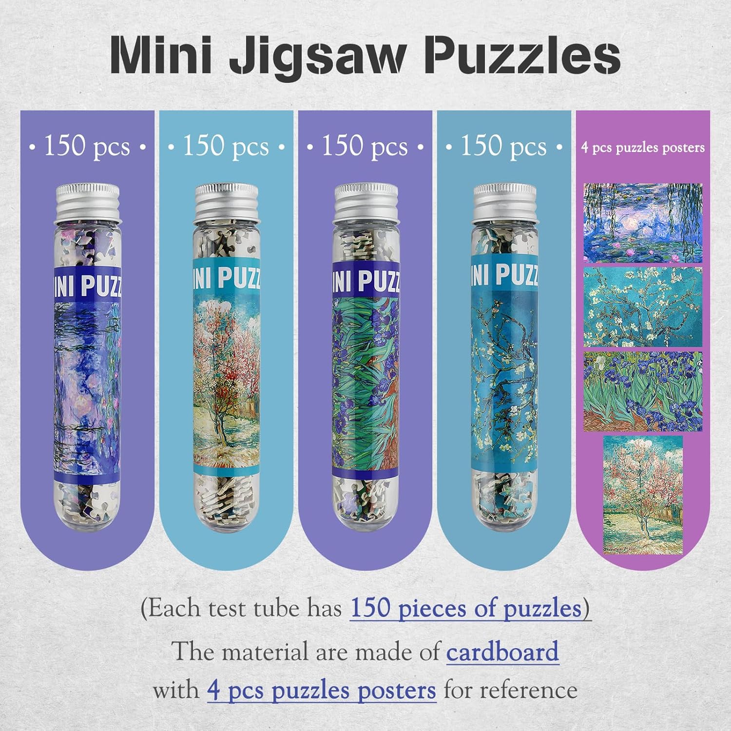 MISITU Small Jigsaw Puzzles for Adults Challenging Puzzle Small Puzzles Mini Jigsaw Puzzles for Adults 150 Pieces Micro Tiny Puzzle Van Gogh Art Puzzles Travel Puzzle 6 x 4 Inch 4 Packs
