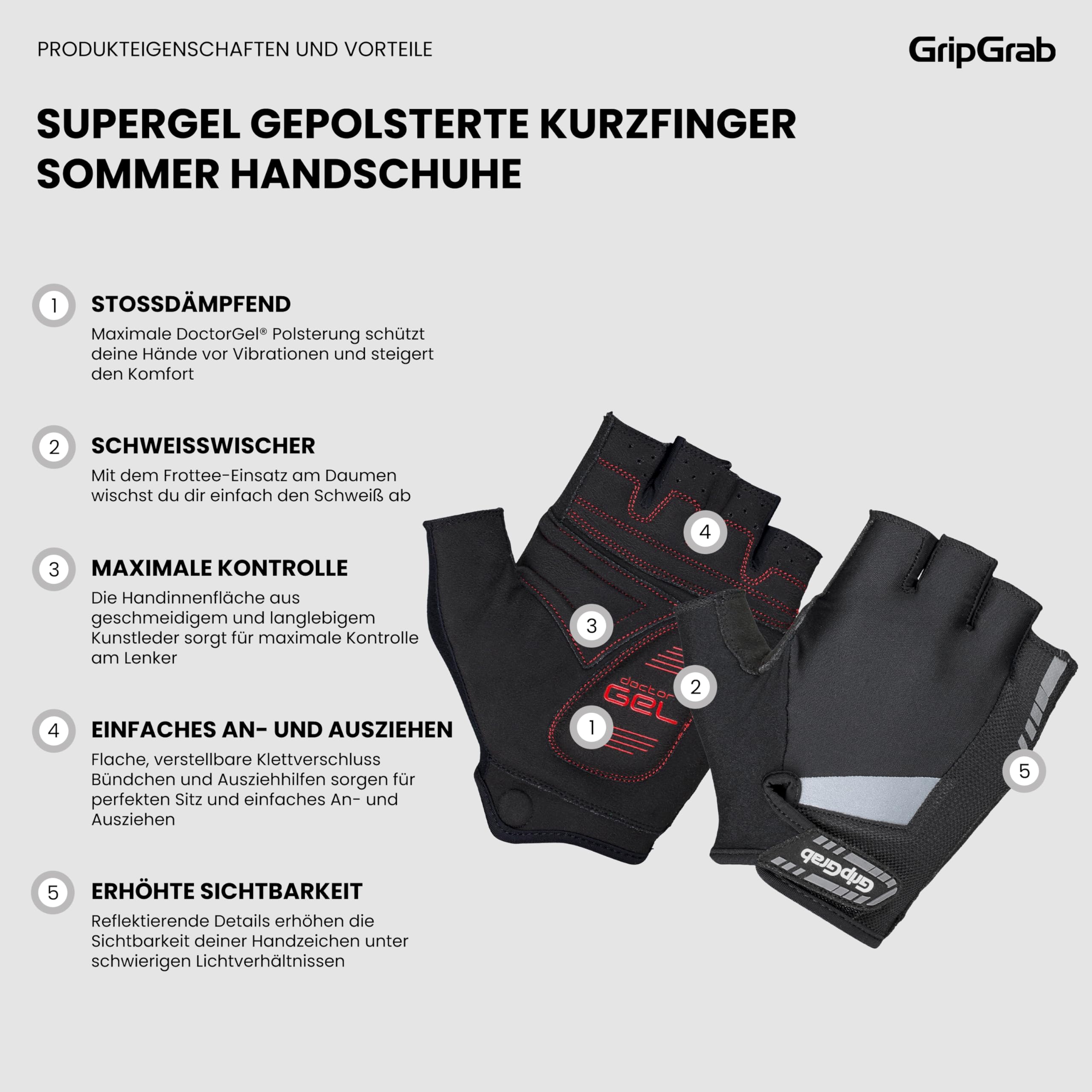 GripGrab SuperGel Fahrradhandschuhe Sommer - 6mm DoctorGel Polster | Stoßdämpfende Gel-Polsterung, AX Suede Grip, gMagnets-Funktion, Schweißwischer am Daumen, Klettverschluss