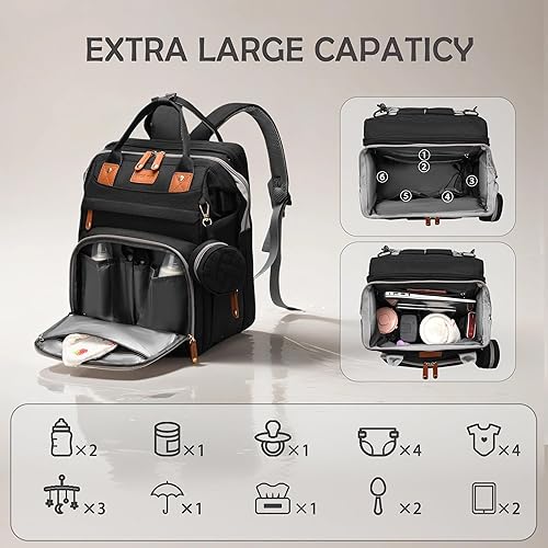 Miniatura 5 de Mochila para pañales, Bolsa de pañales impermeable, con cambiador de pañales, Bolsa portátil grande para bebés, Mochila de viaje, Negro -, Mochilas