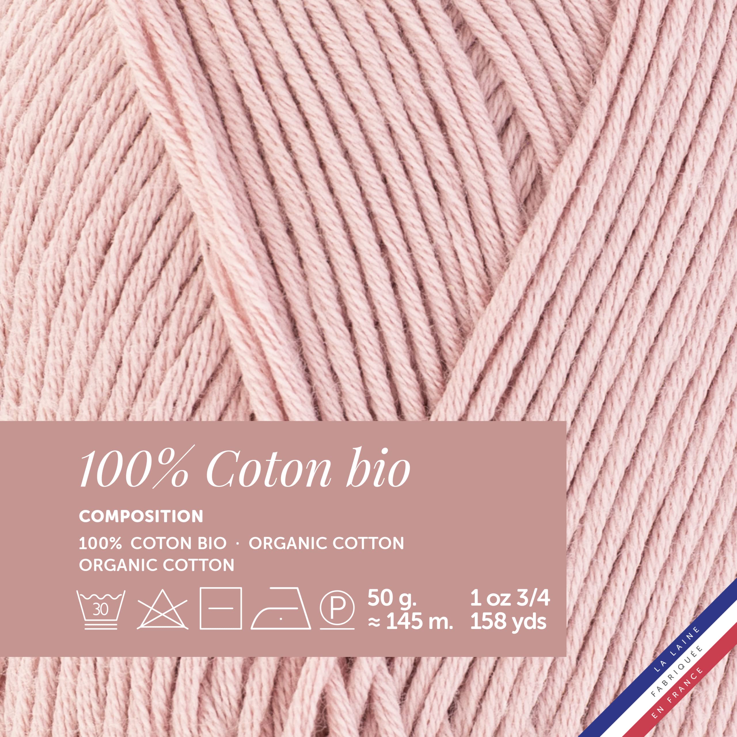 Bergère de France - 100% COTON BIO lot de 10 pelotes de laine à tricoter et crochet (10 x 50g) - 100% Coton biologique - 3 mm - Fabrication Française - Fil rond pour l’été - Rose (Blush)