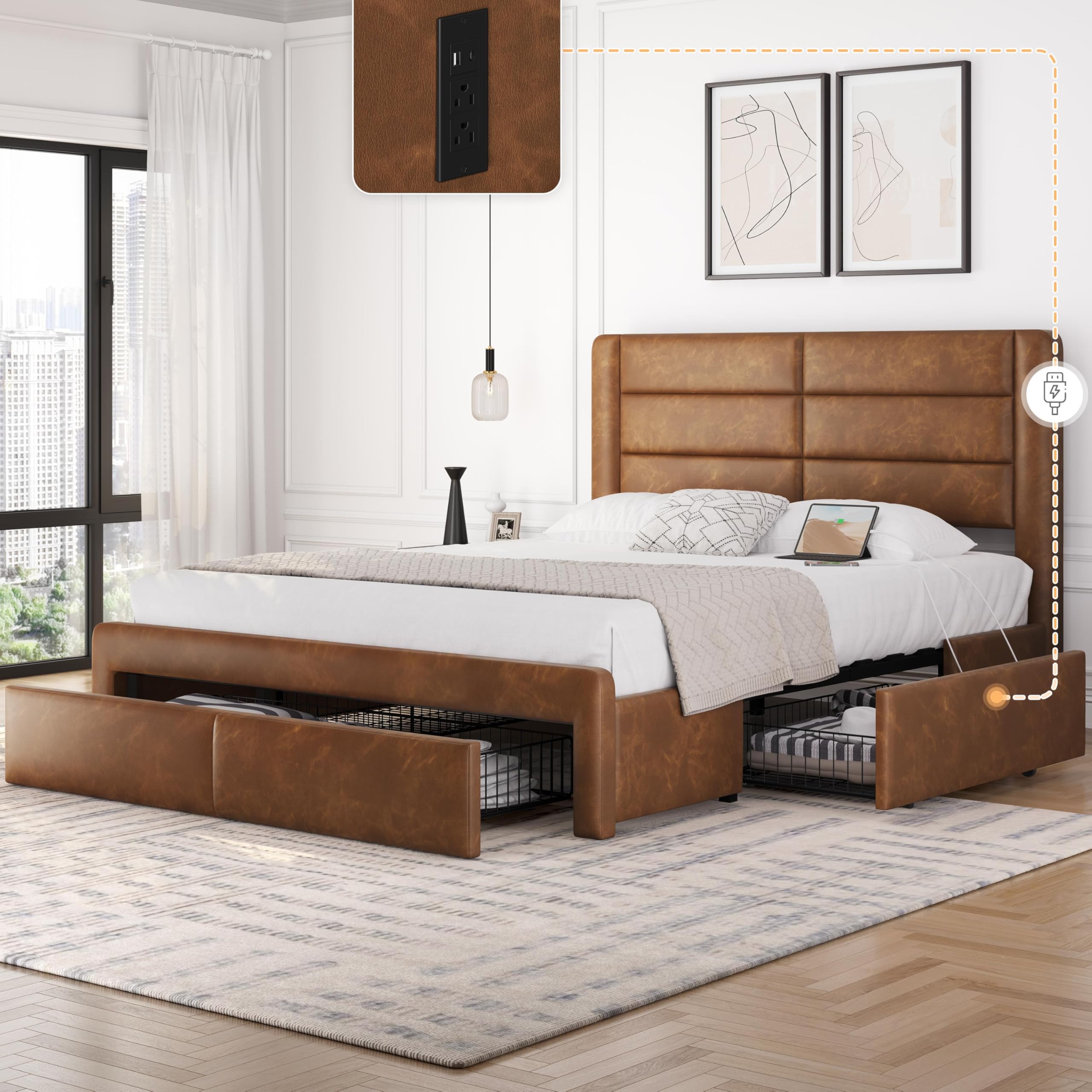 Yaheetech Queen Bed Frame with 2 USB Charging Stations/Port for Type A&Type C/3 Storage Drawers,Leather Upholstered Platform Bed with Headboard/Solid Wood Slat Support/No Box Spring Needed/Amber Brown (Incomplete)
