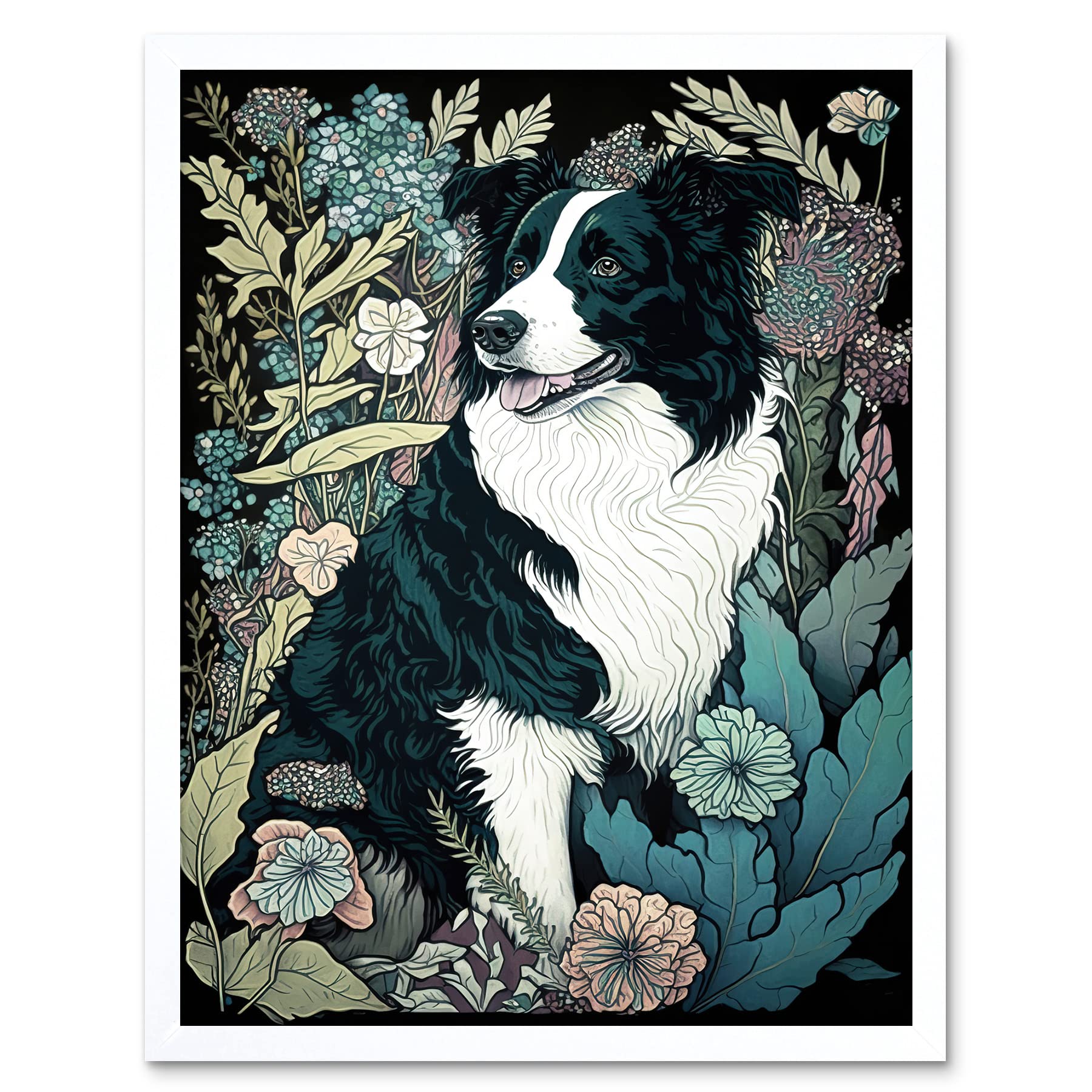 Artery8 Border Collie Dog in Wildflower Field Modern Illustration Art Print Framed Poster Wall Decor 12x16 inch