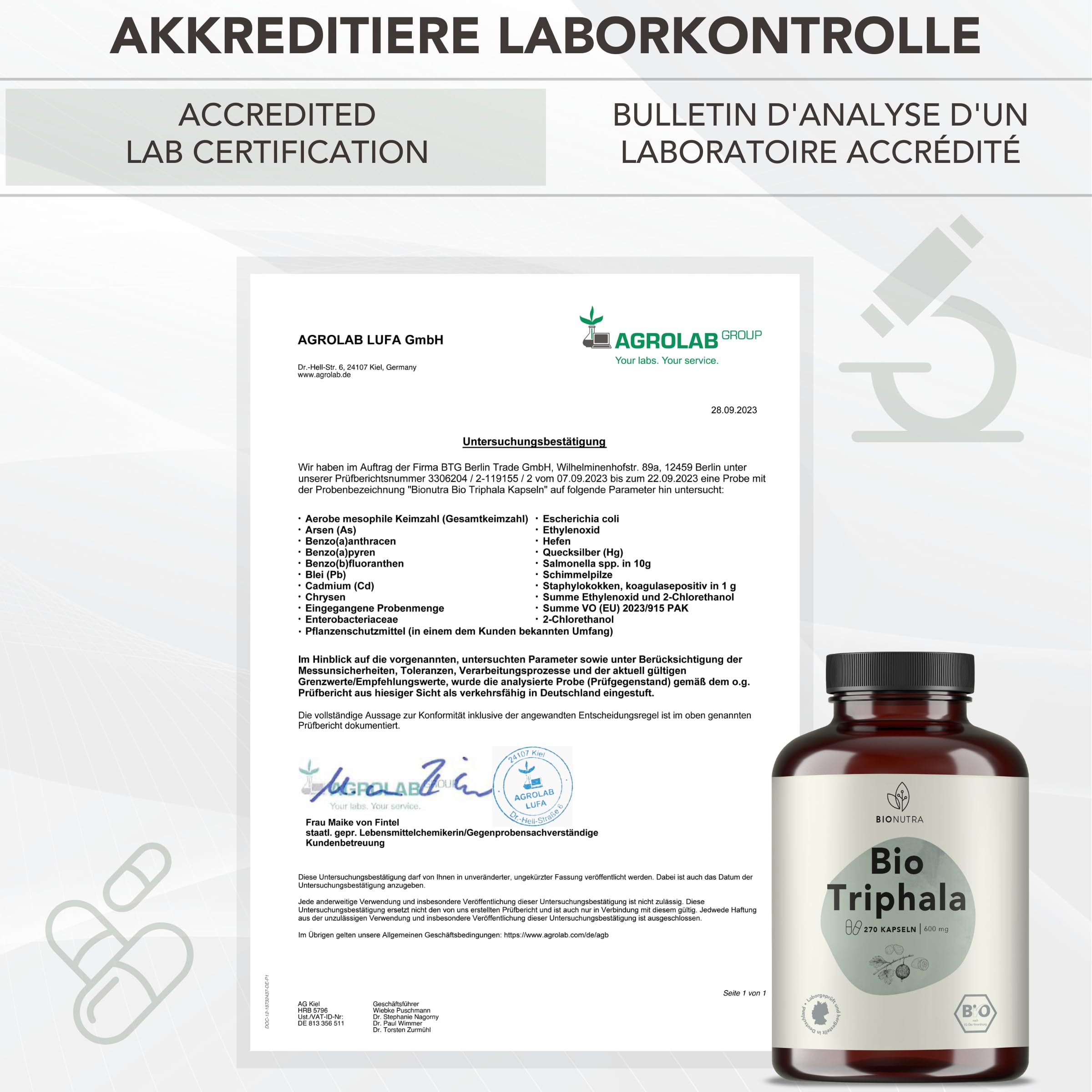 BIONUTRA® Capsule Triphala bio alto dosaggio, 1200 mg/giorno, controllo residui, produzione tedesca, vegane, senza lattosio né glutine, senza additivi, polvere Triphala bio, 270 x 600 mg