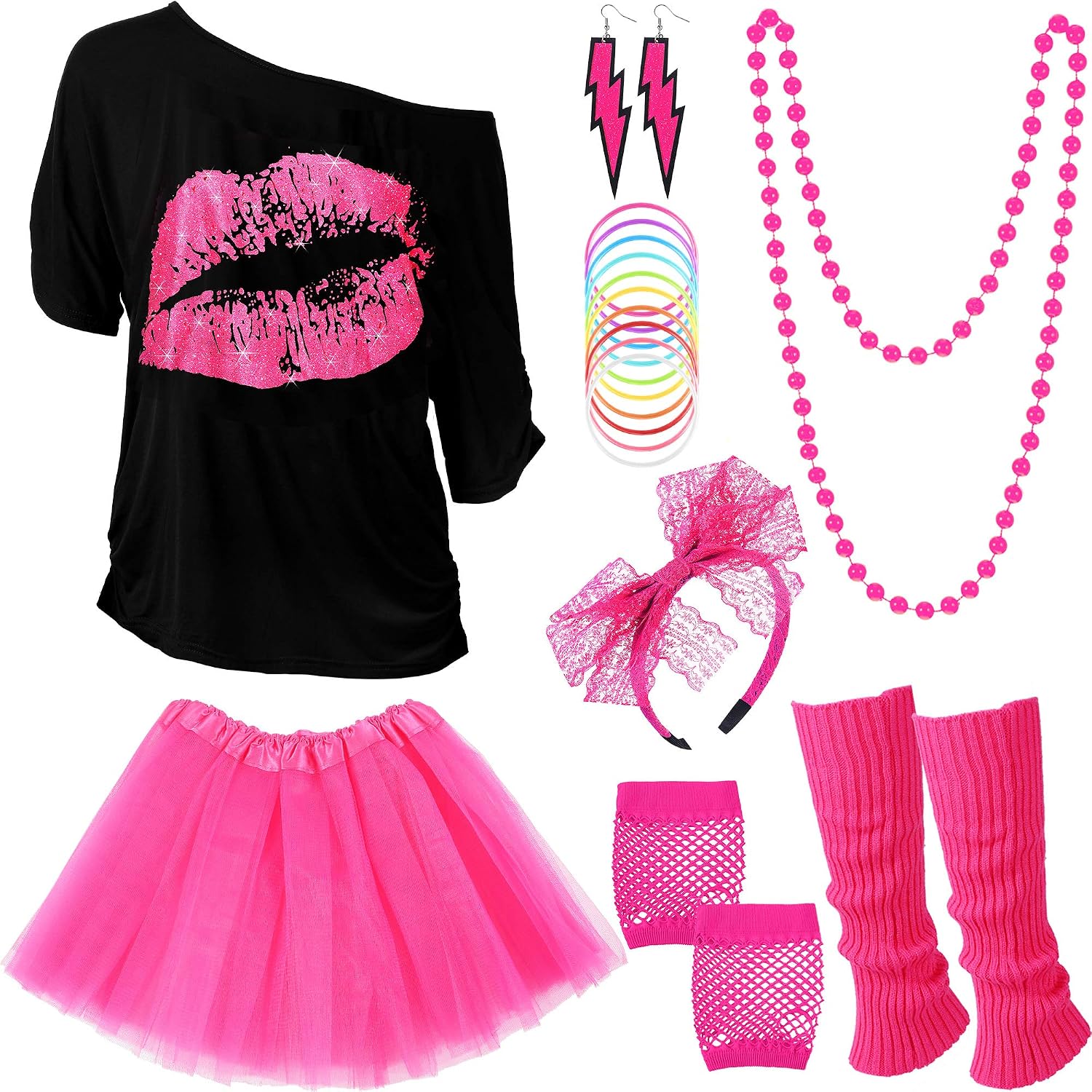 80s Outfit Costume Accessories for Women Neon T Shirt Tutu Skirt for Mardi Gras