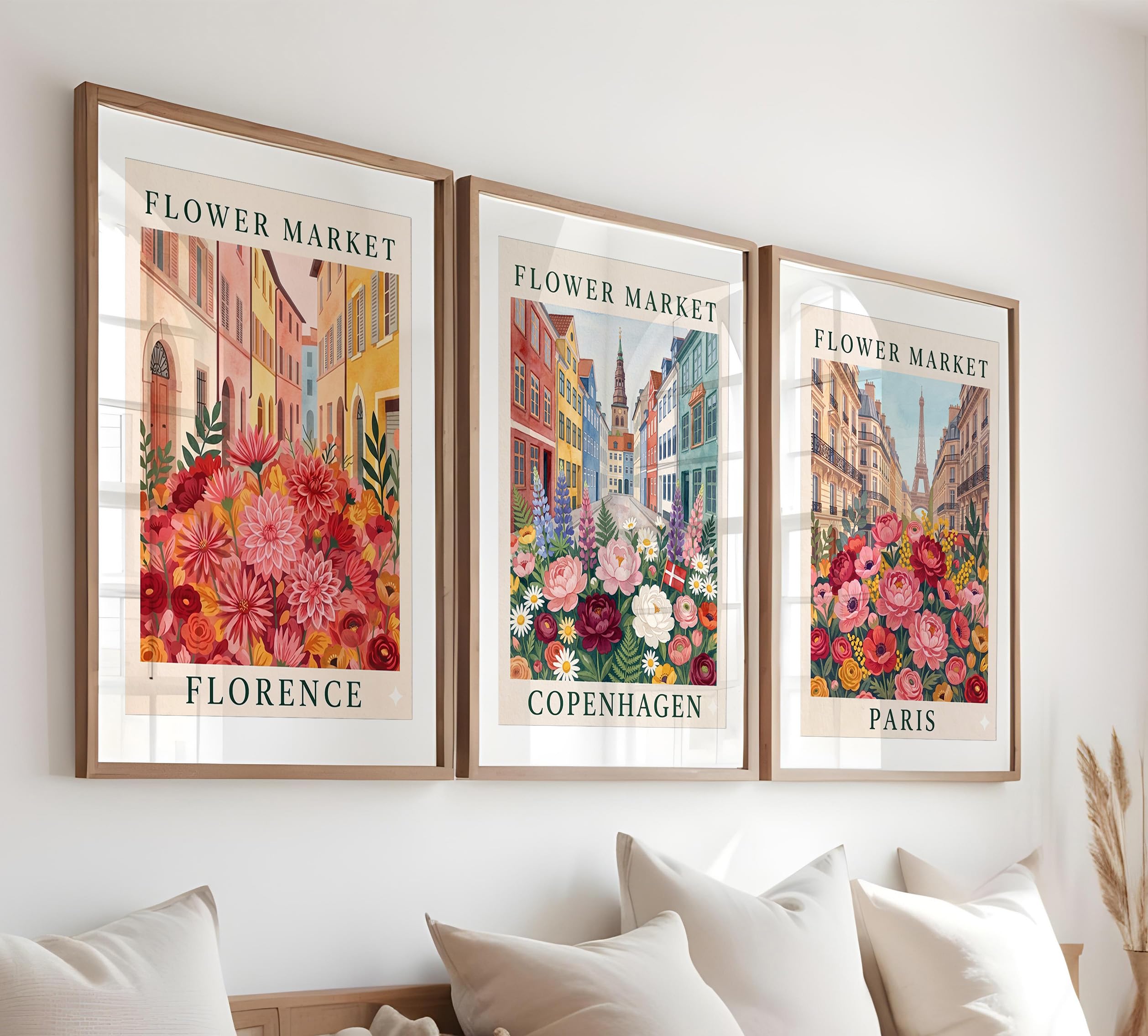 Amaani Flower Market Wall Art Set of 3 - Unframed Canvas Prints, Vintage European City Travel Posters (Florence, Copenhagen, Paris), Colorful Botanical Floral Pictures for Living Room, Bedroom