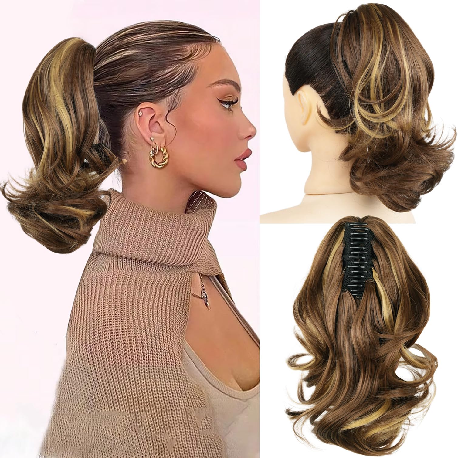 Ponytail Extension, 12 Inch Pony Tails Hair Extensions, Hold Securely, Tangle-Free,Curly Wavy Natural Looking Synthetic Claw Clip Ponytail Extension for Daily Use