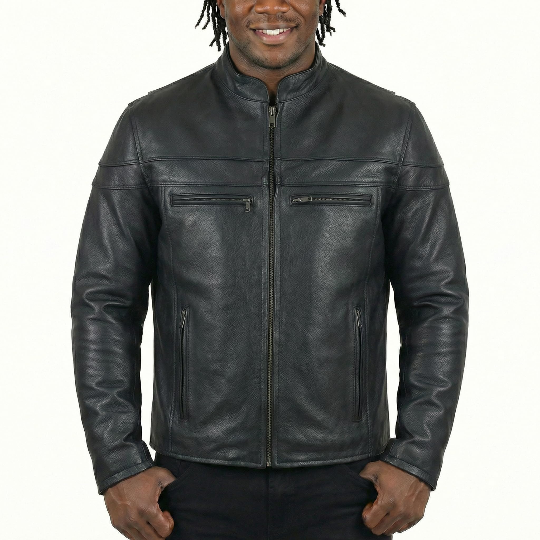Vance Leather Mens Premium Leather Racer Jacket with Vents — view 4