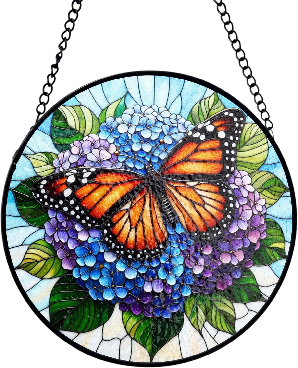 Butterfly and Lilac Flower Stained Glass Suncatcher | Floral Nature Window Hanging Decor, Unique for Mom (7.8)