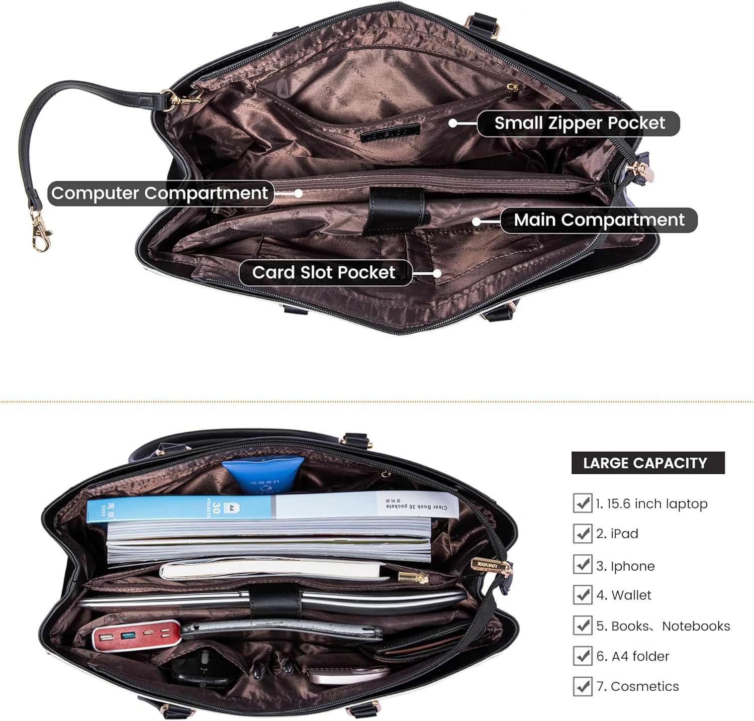LOVEVOOK Laptop Bag for Women 15.6 Inch Tote Bags Waterproof Leather Briefcase Computer Women Business Office Work Bag,Black-White - Image 4