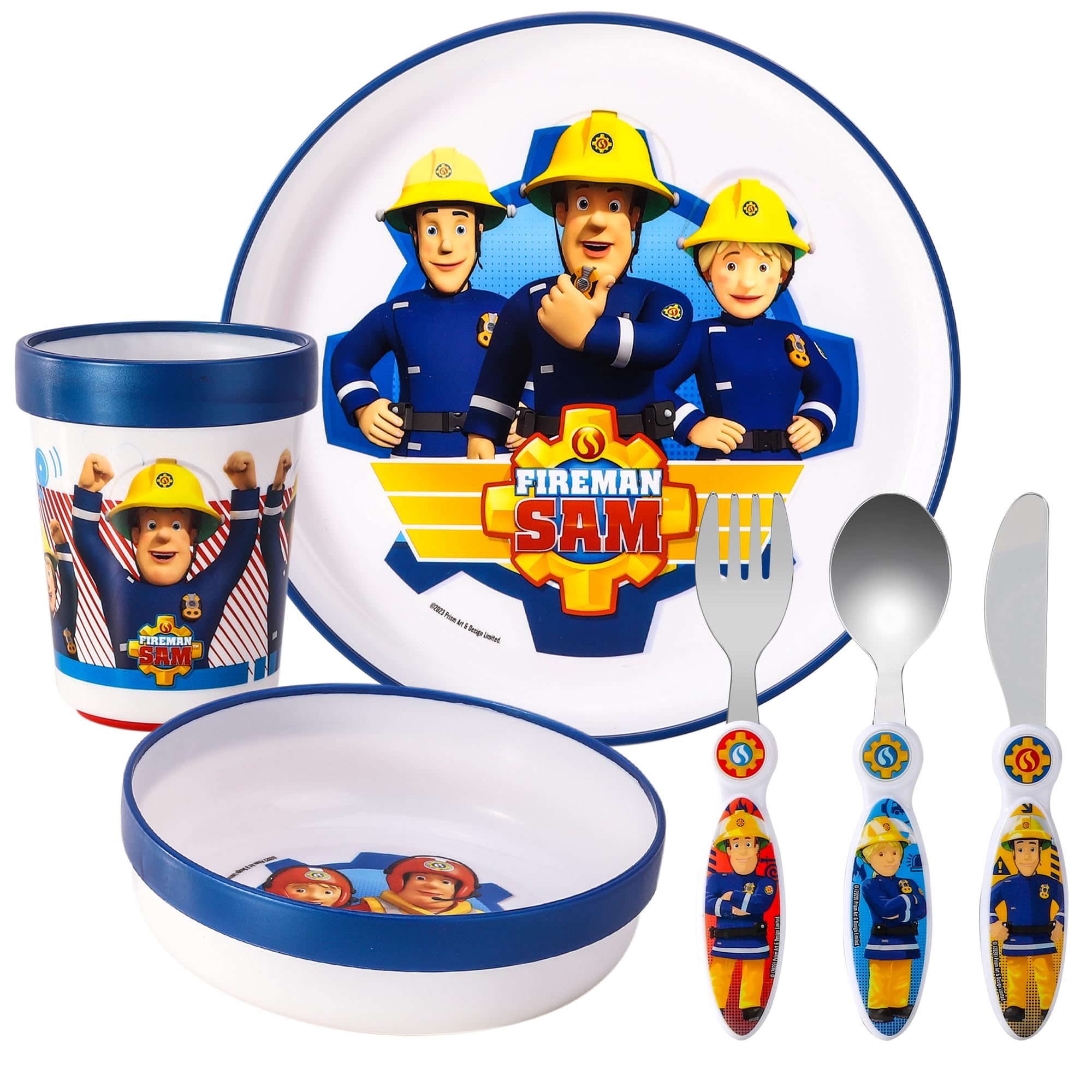 Fireman Sam Kids 6 Piece Reusable Dinner Set - Plate/Bowl/Cup/Knife/Fork/Spoon - Childrens Dinnerware Tableware Cutlery Set