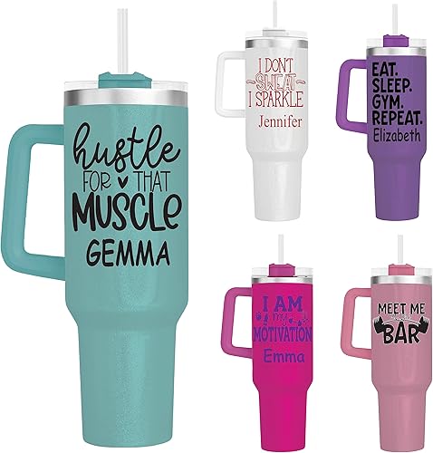 Vaso personalizado de 40 onzas con asa y pajita, vaso aislado de acero inoxidable, motivación para el gimnasio, taza de viaje, botella de gimnasio,