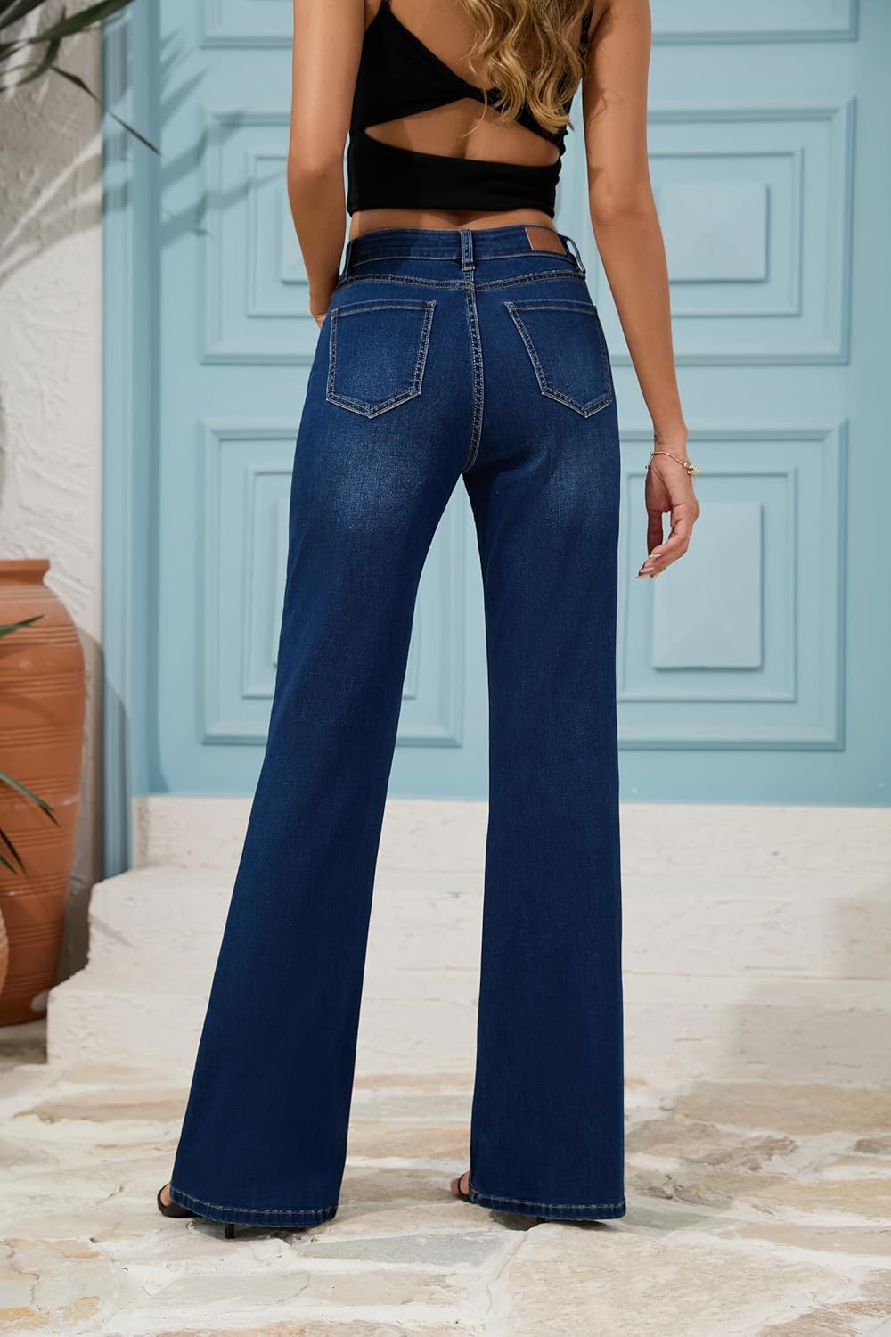 FLYING BANANA Women's High Rise Wide Leg Baggy Stretchy Loose Flare Bell Bottom Denim Jeans - Image 2