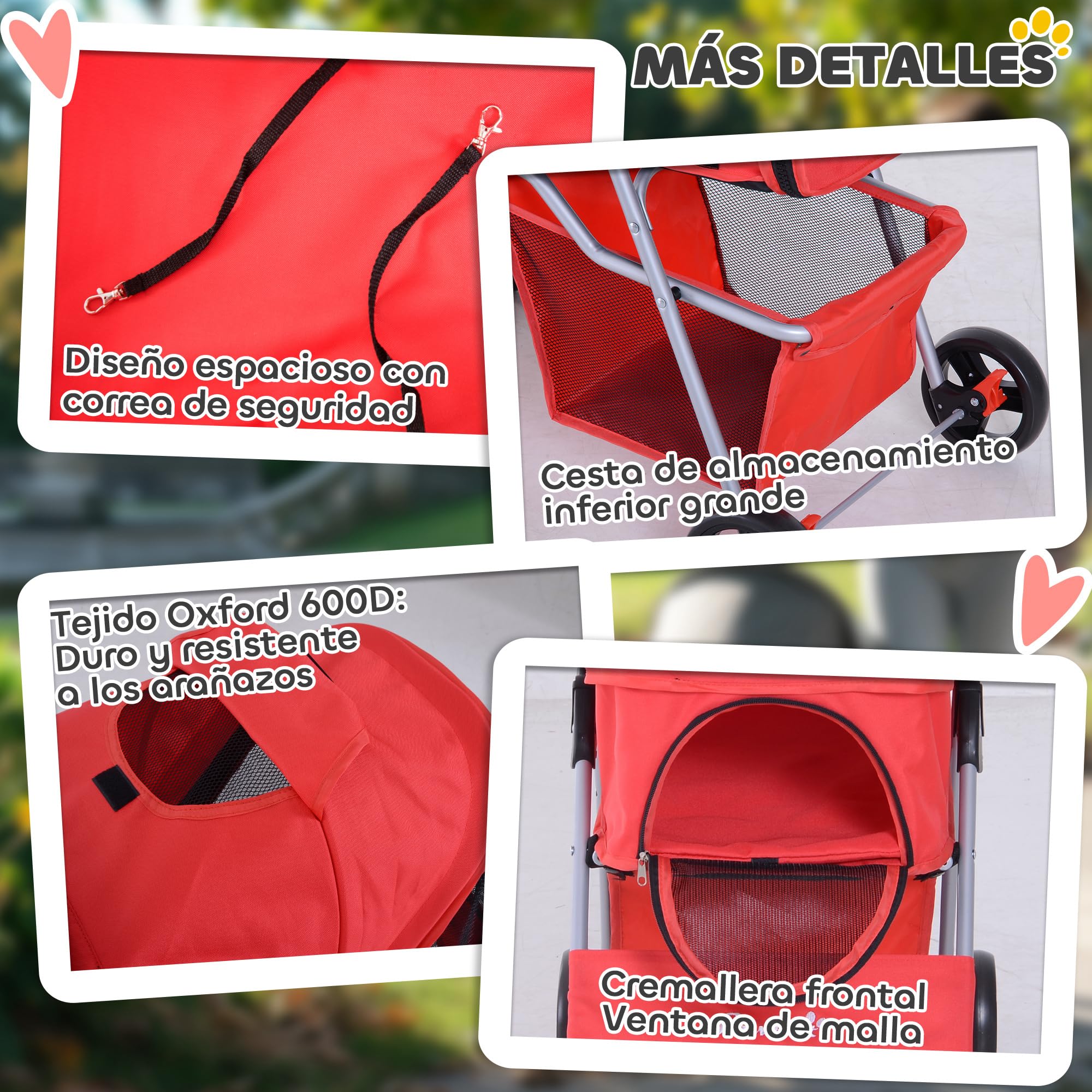 PawHut Carrito para Perros Plegable Cochecito para Mascotas Carrito para Perros Pequeños con Toldo Ajustable Cesta de Almacenaje 2 Ruedas Universales Carga 15 kg 77x45x99,5 cm Rojo