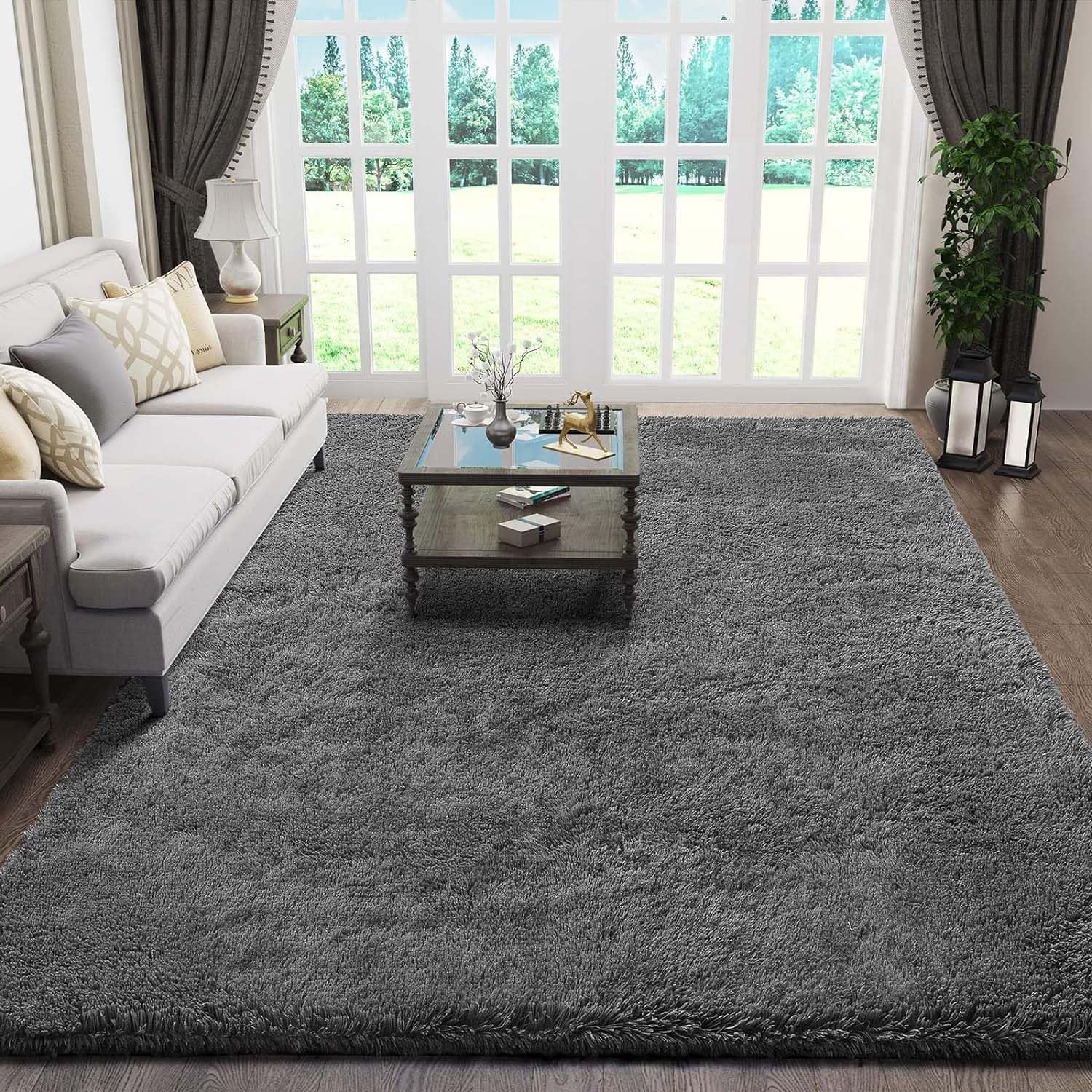 Large Grey Shaggy Rug 6x9 Area Rug for Living Room and