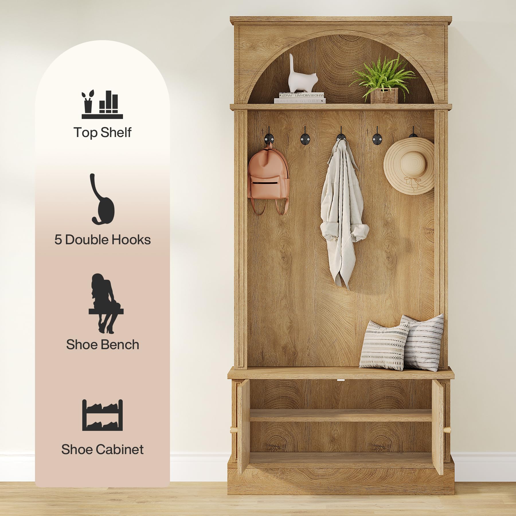 Tribesigns Porte-Manteau avec Banc à Chaussures, 83x35x180cm Meuble d'entrée, 4 en 1 Vestiaire d'entrée avec 5 Crochets Doubles, Étagères réglables, Style Campagne, Marron