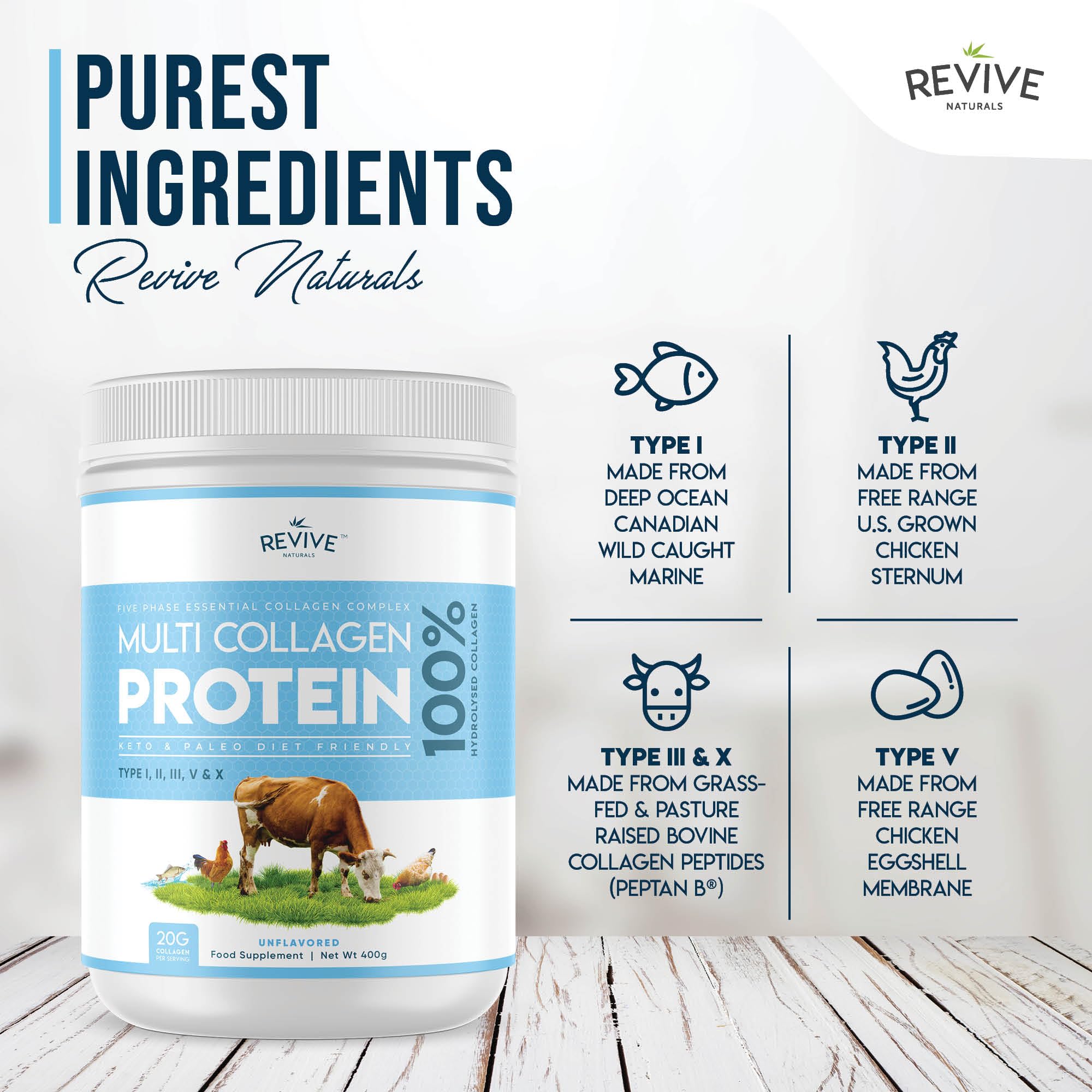 Colágeno en Polvo 400g – Multi Collagen Peptides – Tipos I, II, III, V y X – de Bovinos Alimentados con Pasto, Peces Silvestres, Caldo de Huesos Bovinos Alimentados con Pasto.