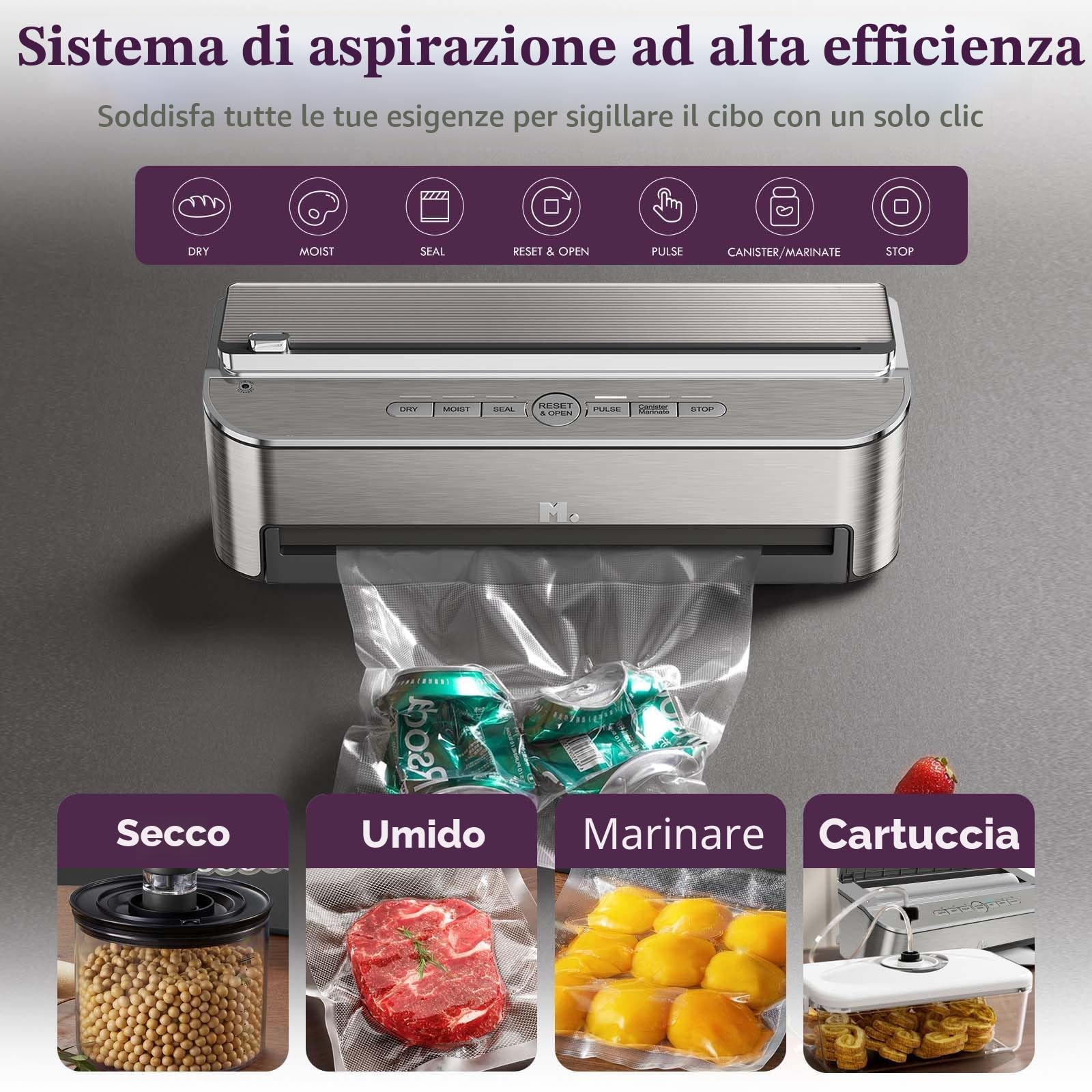 Mesliese 85kPa 120 W, macchina per sigillatura automatica degli alimenti, potente sistema di sigillatura, taglierina integrata, contenitore per sacchetti, 2 rotoli di sacchetto (Acciaio inossidabile)