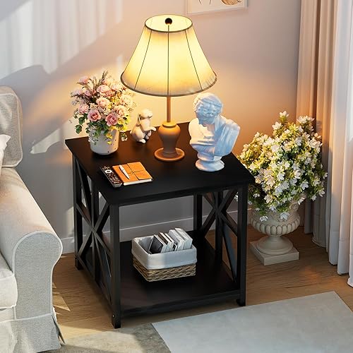 Miniatura 6 de GreenForest Mesa auxiliar con estante de almacenamiento de 2 niveles, mesa auxiliar grande de 24 pulgadas para sala de estar, mesita de noche