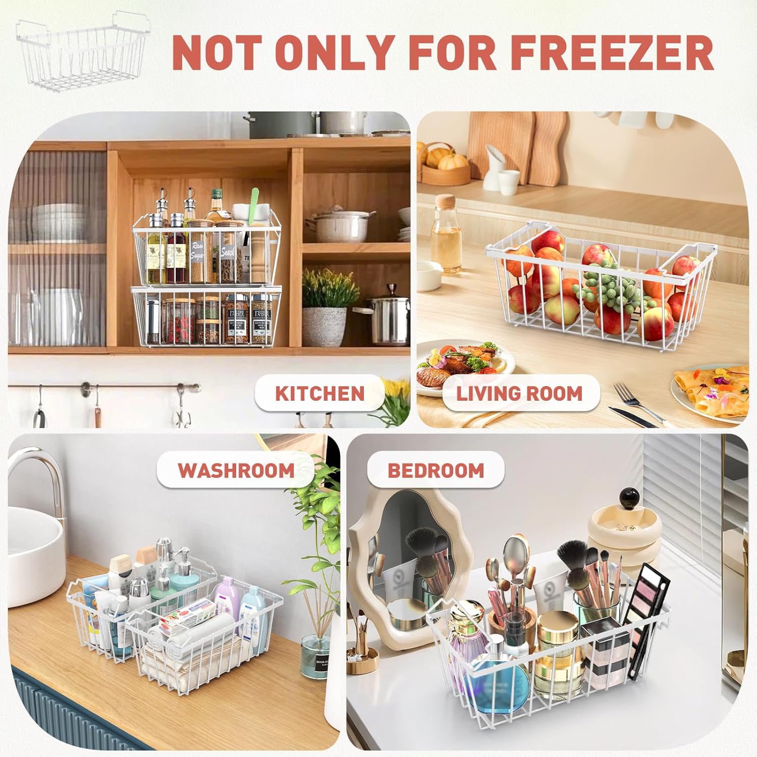 Goovilla Freezer Organizer Bins with Foldable Handle, 8 Pack Stackable Freezer Baskets for 3.5-7 Cu.FT Deep Chest Freezer Organization, White Metal Freezer Storage Bins with Better Space Utilization