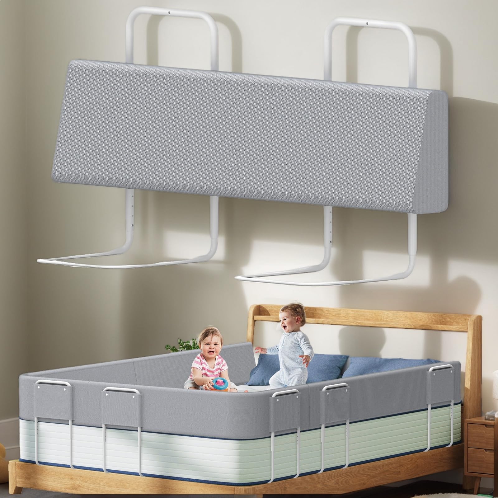 Sicherheitsgitter für Kinderbett 100cm, Verstellbare Baby-Bettbarriere mit 5 Höheneinstellungen, Flexibler Schutzrahmen zur Sturzprävention für Familien und Säuglinge, Grau