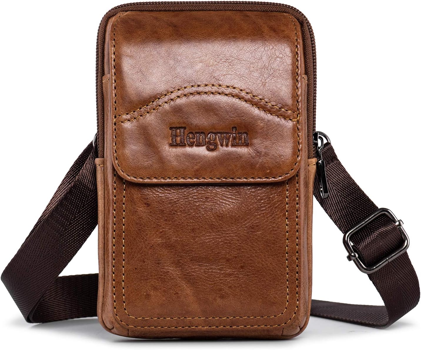 Hengwin Leather Cell Phone Holster Fit for iPhone 17 Pro Max 16 Pro Max 15 Pro Max 14 Pro Max Samsung Galaxy S25 Ultra S24/S23 Ultra Belt Pouch Shoulder Bag Crossbody Purse Case with Belt Clip (Brown)