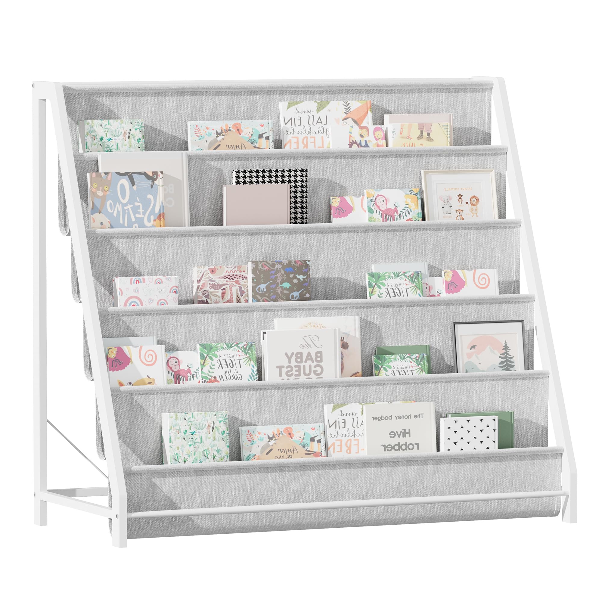 Hironpal 5 Tier Kids Bookshelf Children Bookcase Metal Toddler Sling Book Rack Holder Baby Storage Display Shelf Soft Canvas for Kids Room Playroom Nursery Bedroom