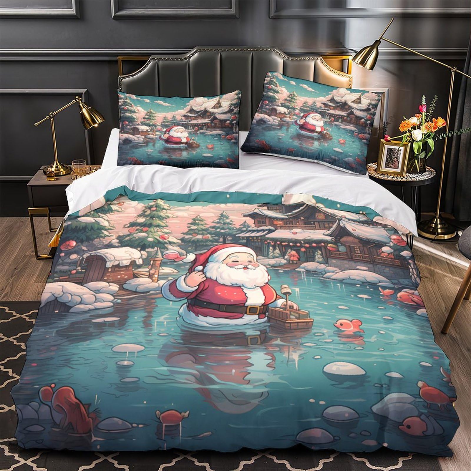 Parure de lit Noël 3D King avec housse de couette en microfibre et fermeture éclair pour ados