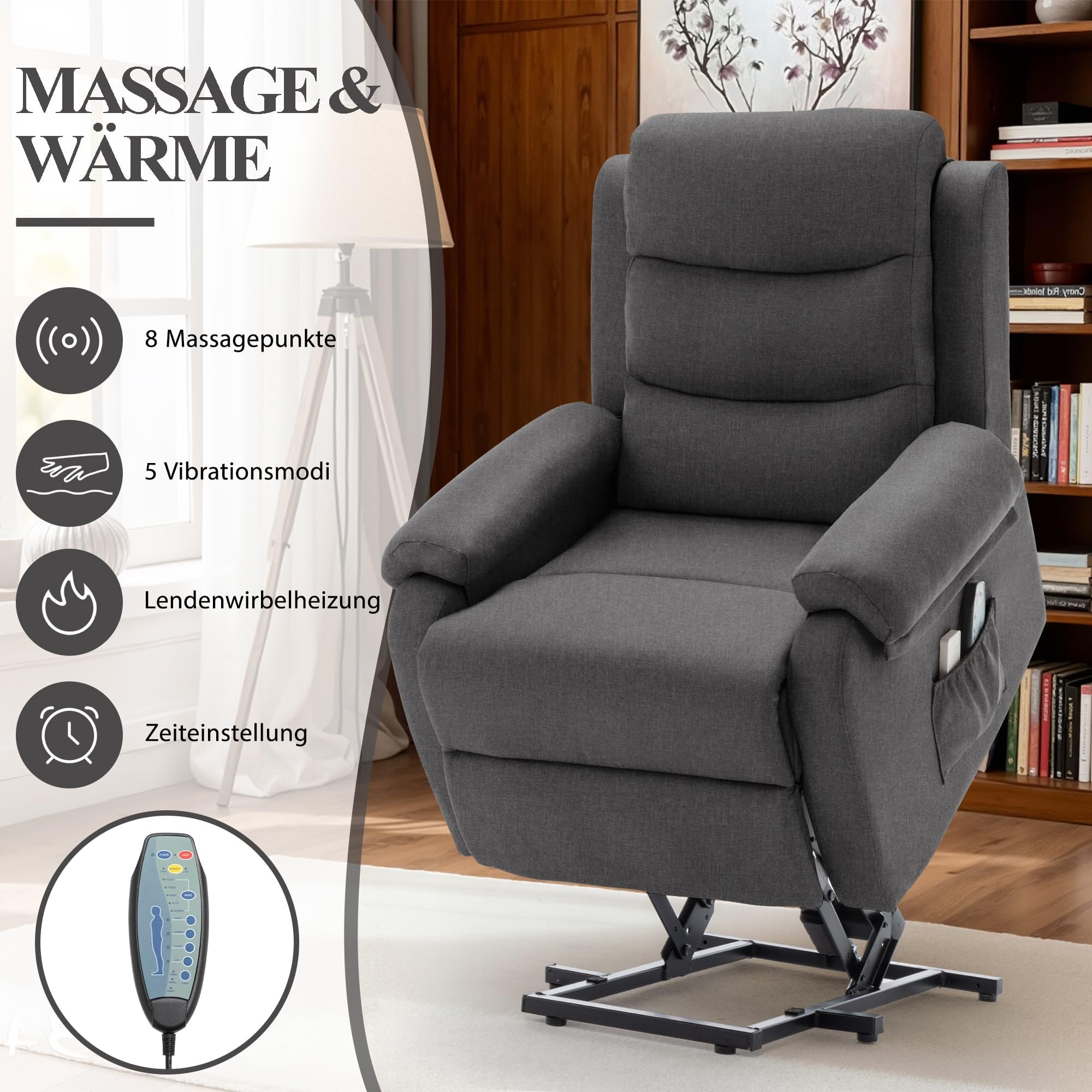 Korser Relaxsessel mit Liegefunktion für Erwachsene, Elektrischer Fernsehsessel mit Aufstehhilfe, Massagesessel mit Wärmefunktion, TV Sessel mit Memory-Funktion für Wohnzimmer Schlafzimmer, Darkgrey