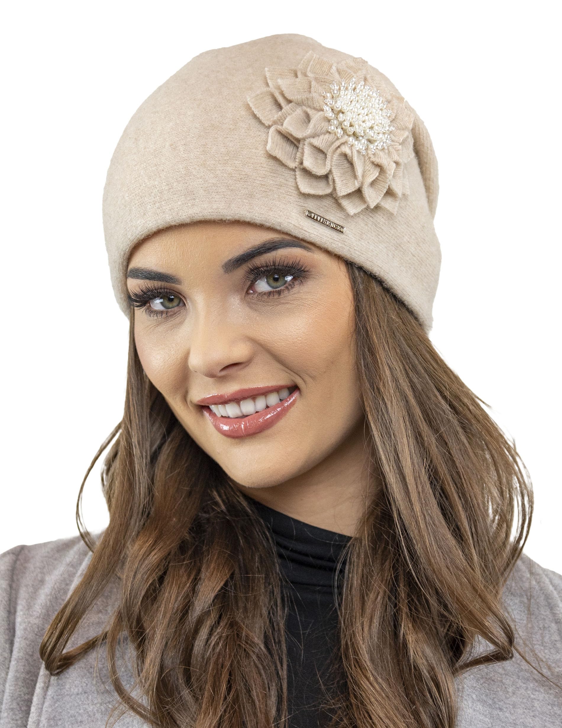 Vivisence Berretto Donna in Lana con Fiore Elegante Pieghe Antistatico 7052
