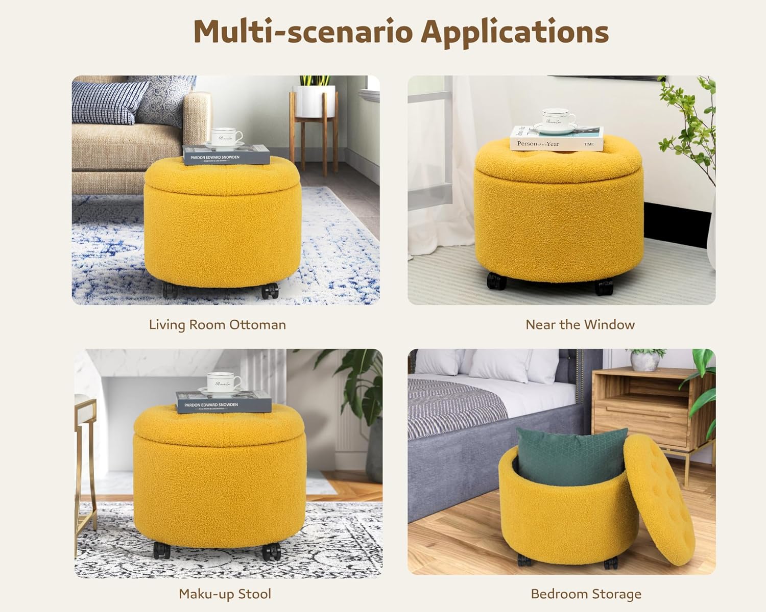 Adeco Cozy Teddy Fleece Round Storage Ottoman, 16" H Button Tufted Footstool with Rolling Wheels, Comfy Accent Foot Rest for Living Room, Bedroom, Vanity - Yellow