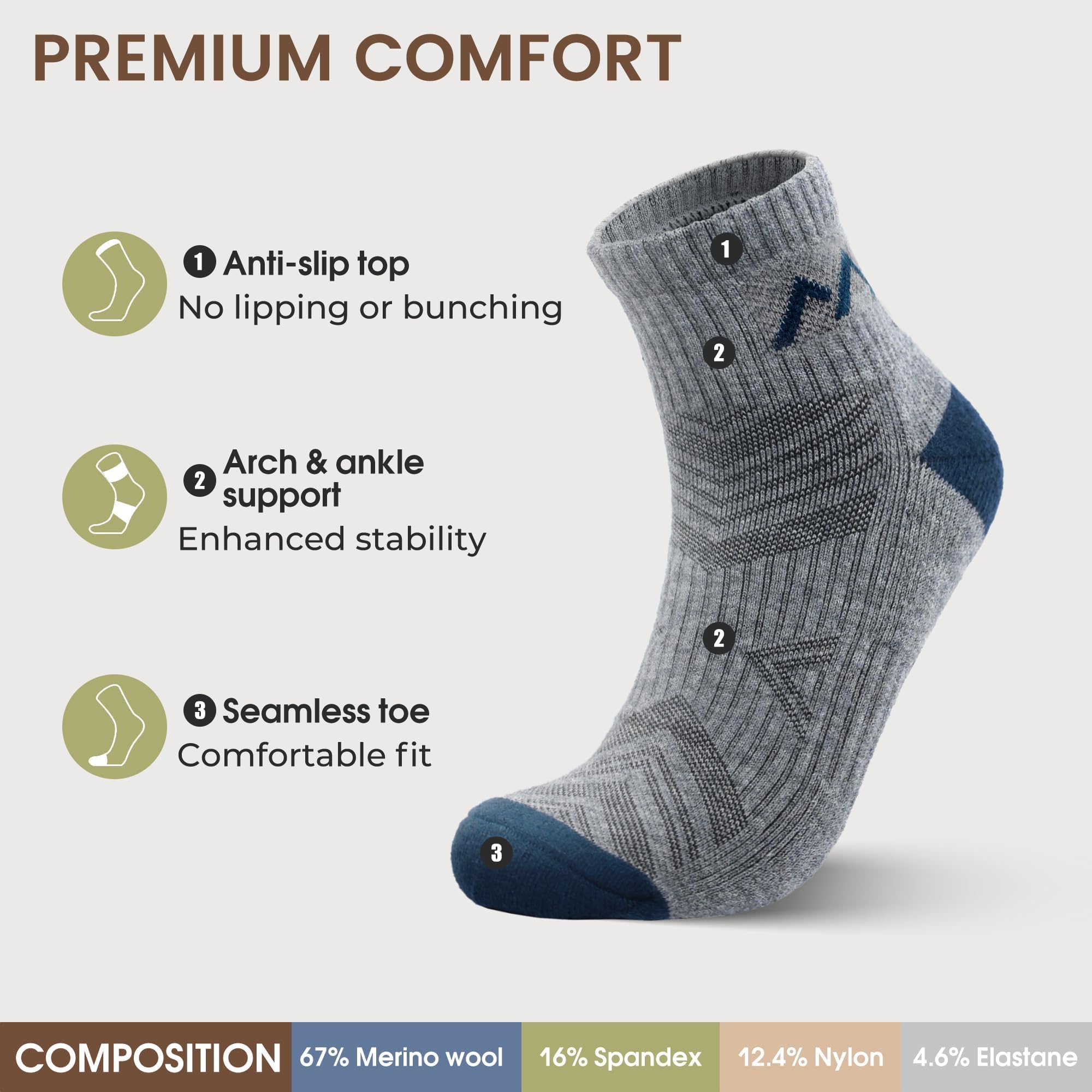 innotree Calzini da trekking in lana merino, per uomini e donne, a compressione a quarto alla caviglia, con cuscino spesso, traspiranti, anti odore, 5 paia